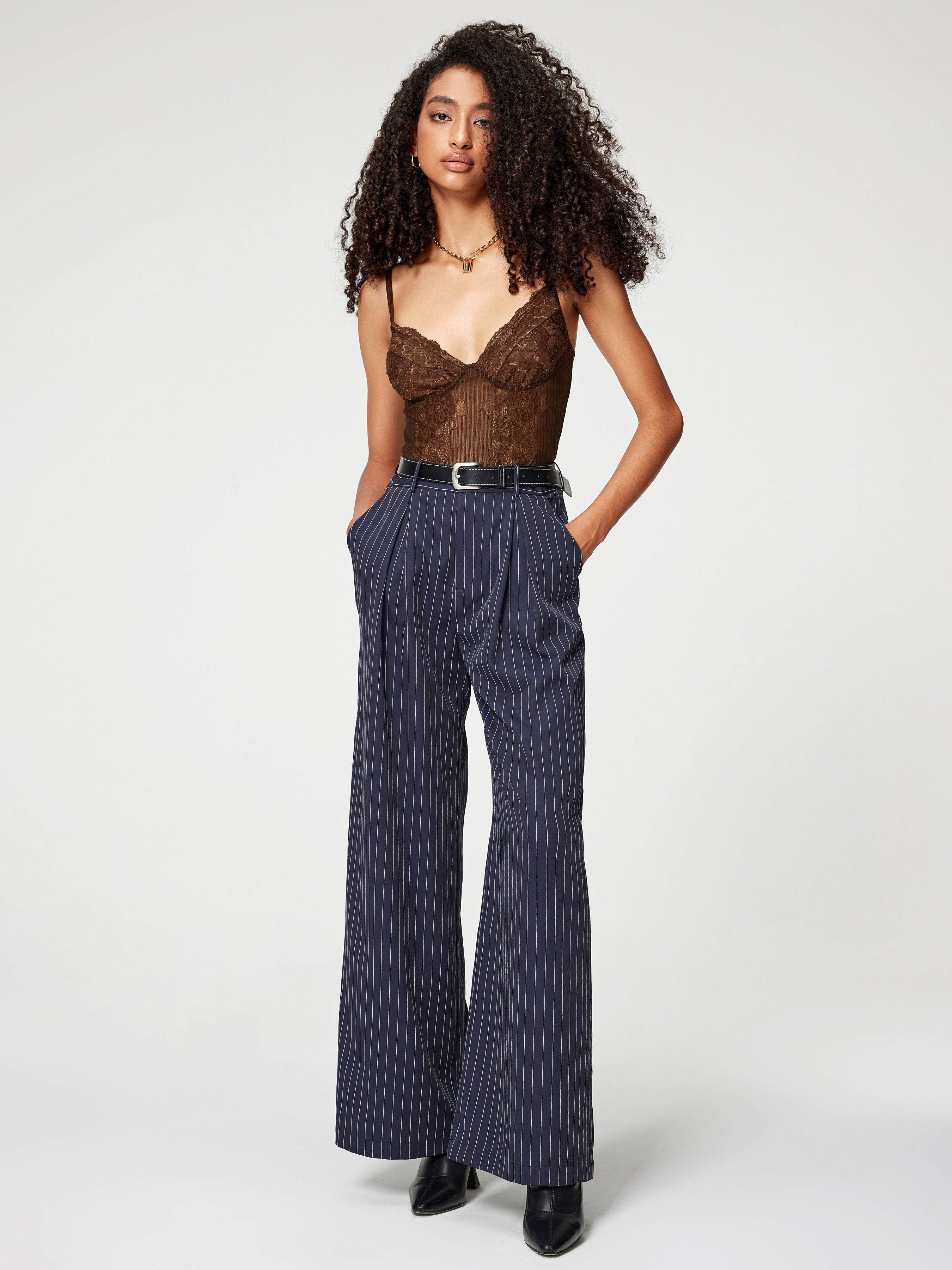 Stripe Wide Leg Trousers With Belt For School Daily Casual Work