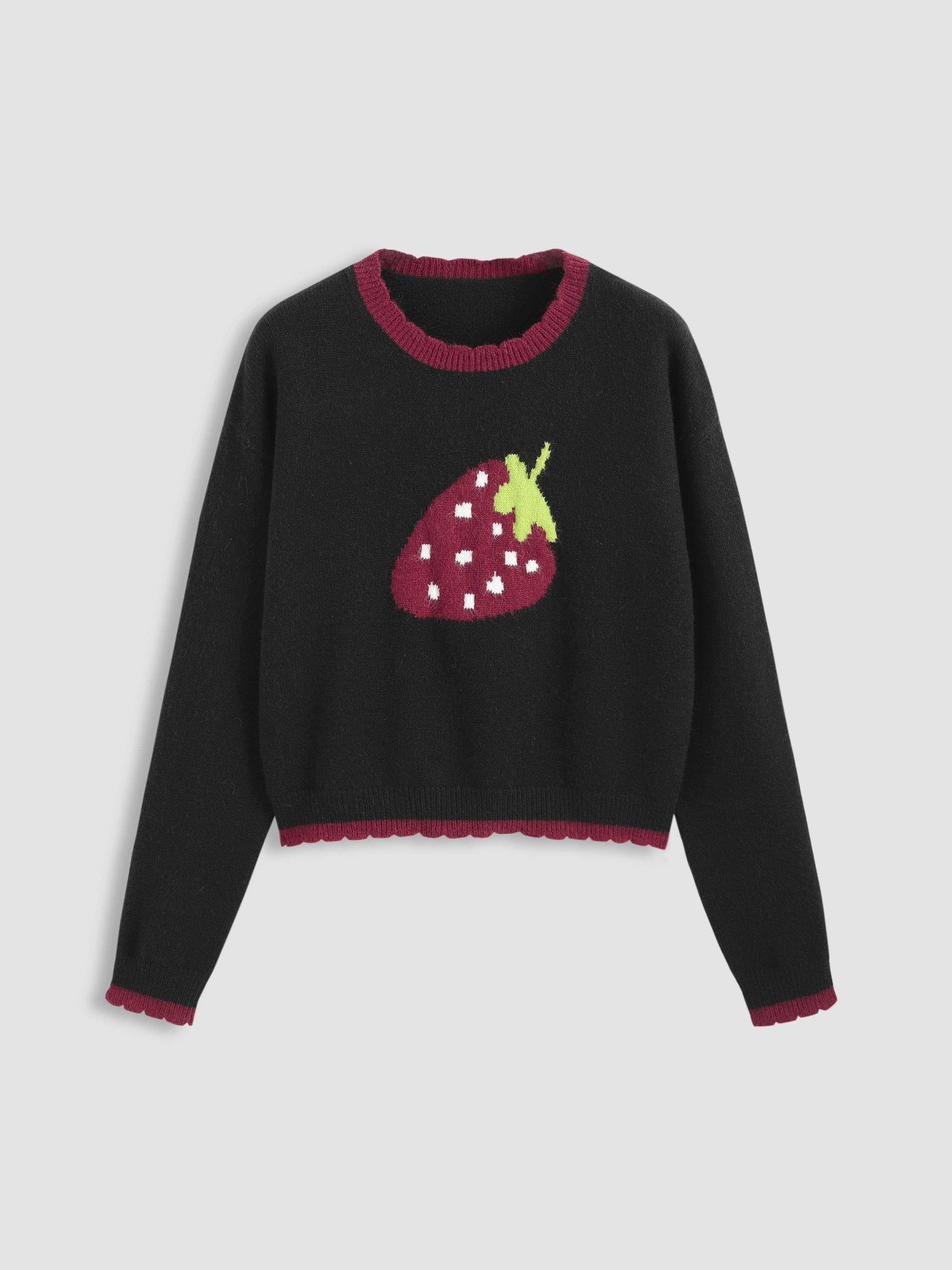 Strawberry Pattern Contrasting Knitted Top For Daily Casual Date