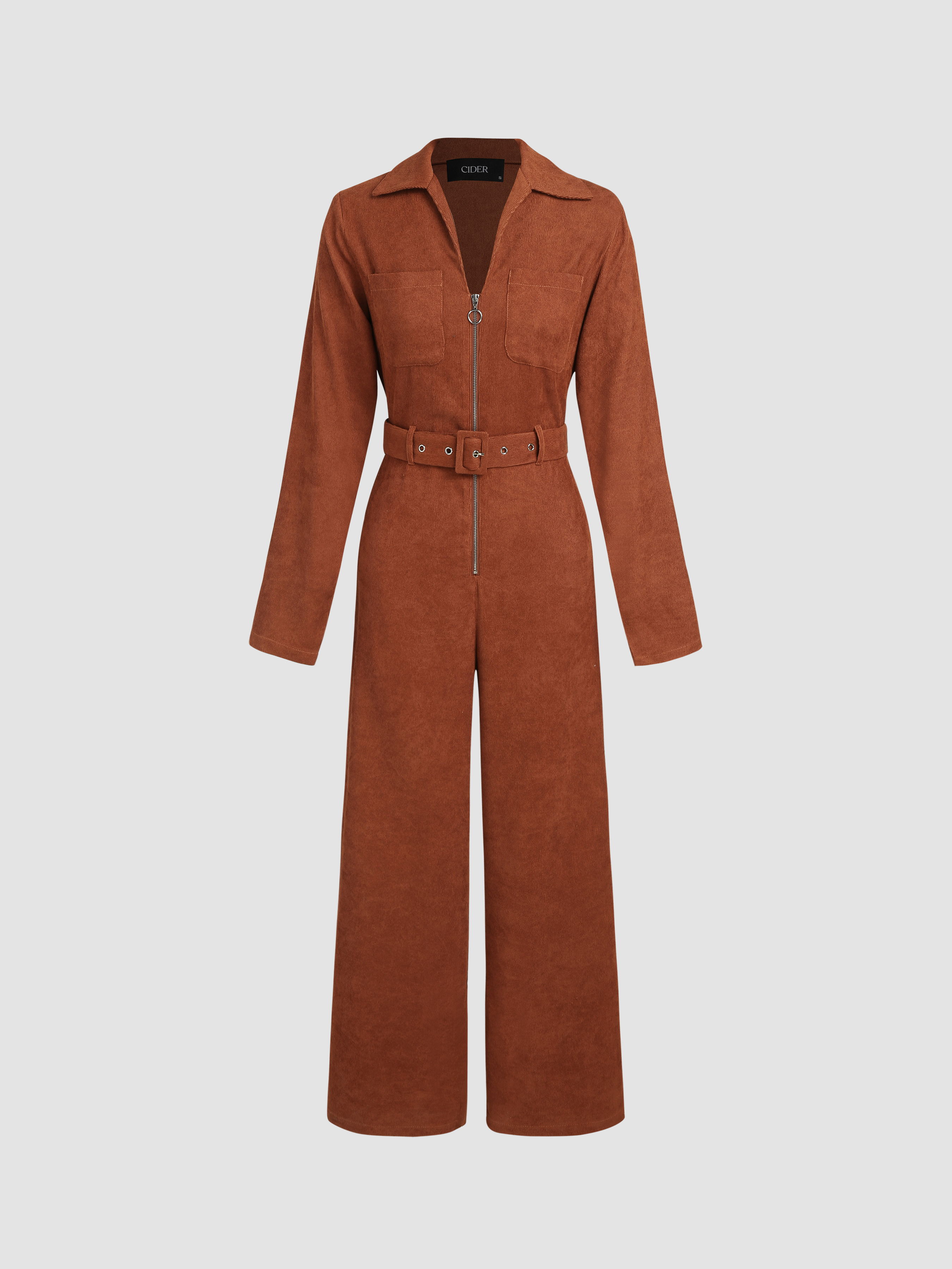Corduroy Corduroy Zip Up Jumpsuit With Belt For Date Vacation Holiday