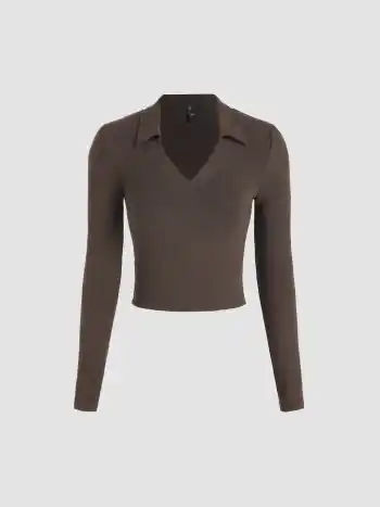 Solid Collar Long Sleeve Crop Top