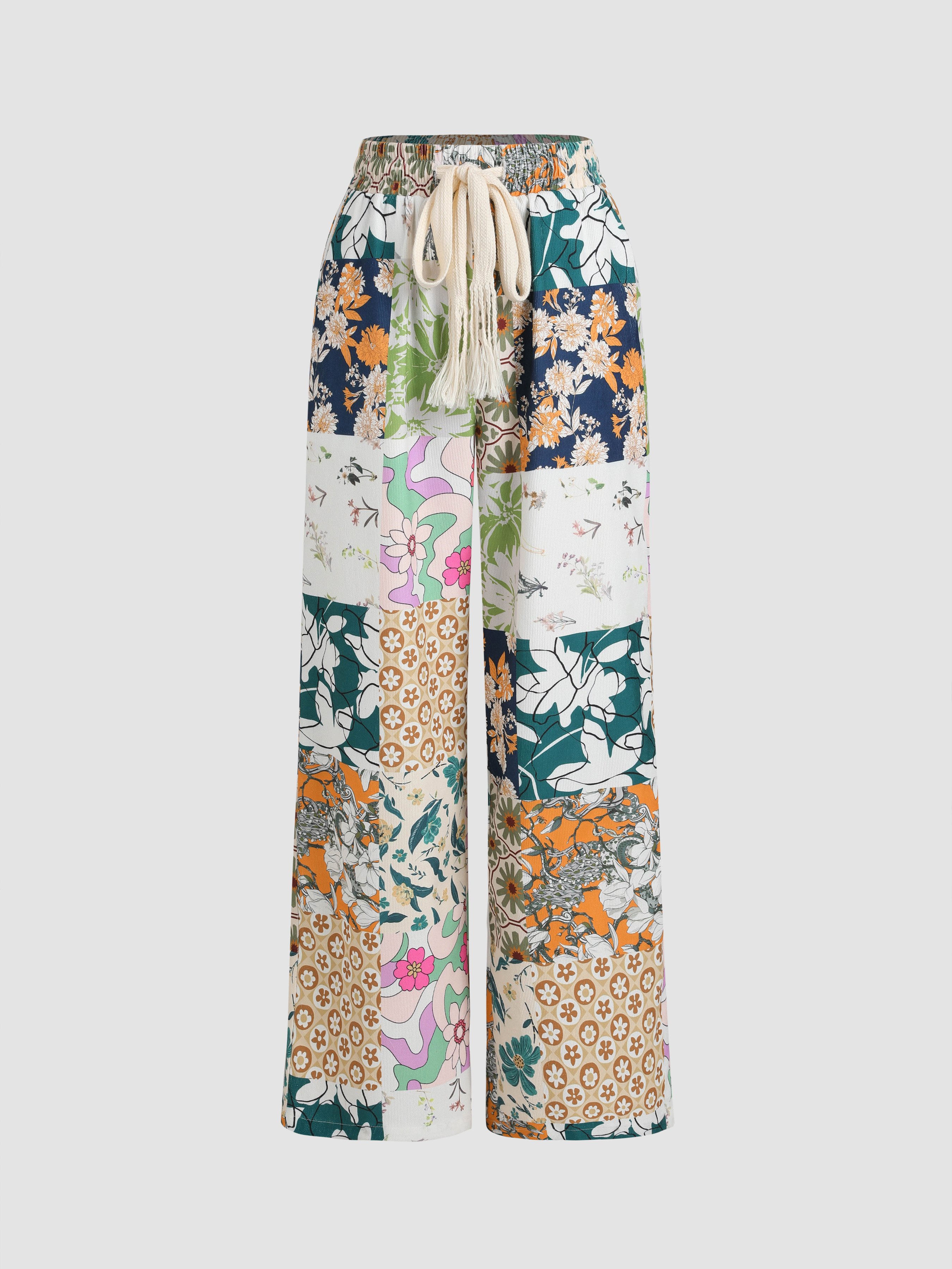 Corduroy Floral Patchy Mid Waist Straight Leg Trousers For Beach ...