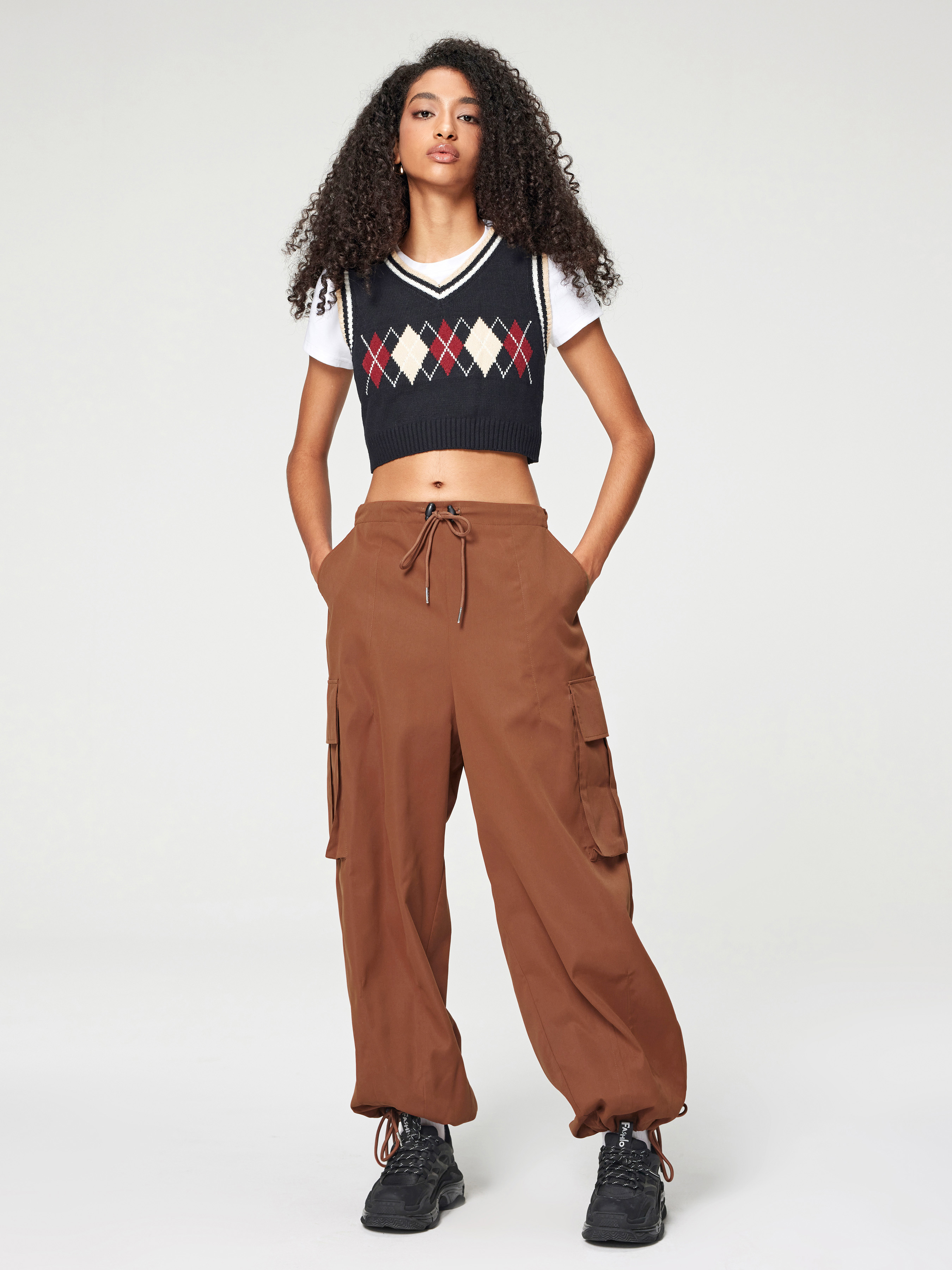 Solid Ruched Parachute Cargo Pants Cider