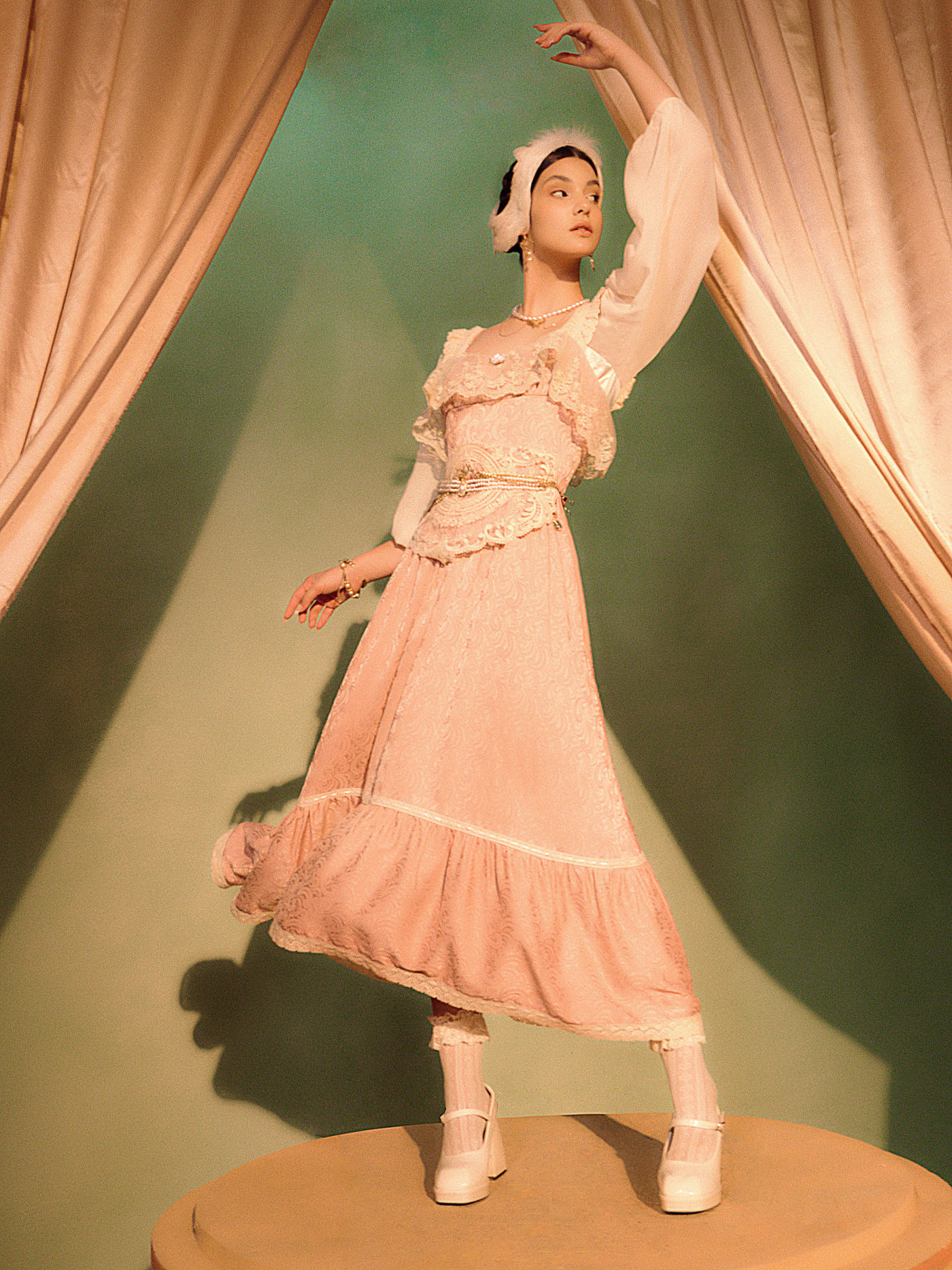 Antique Twirl Lace Trim Long Dress