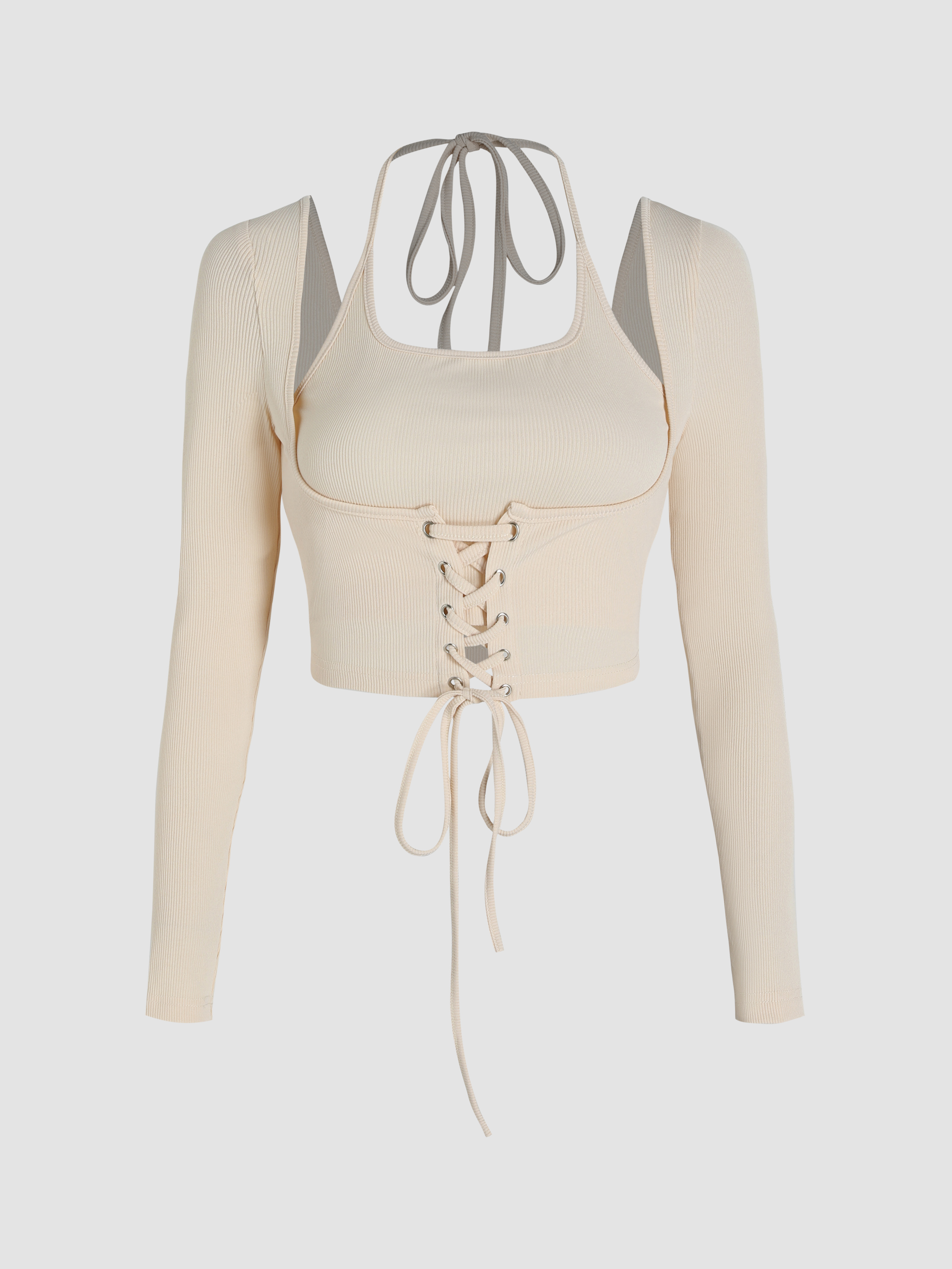 Solid Halter Drawstring Long Sleeve Top Cider