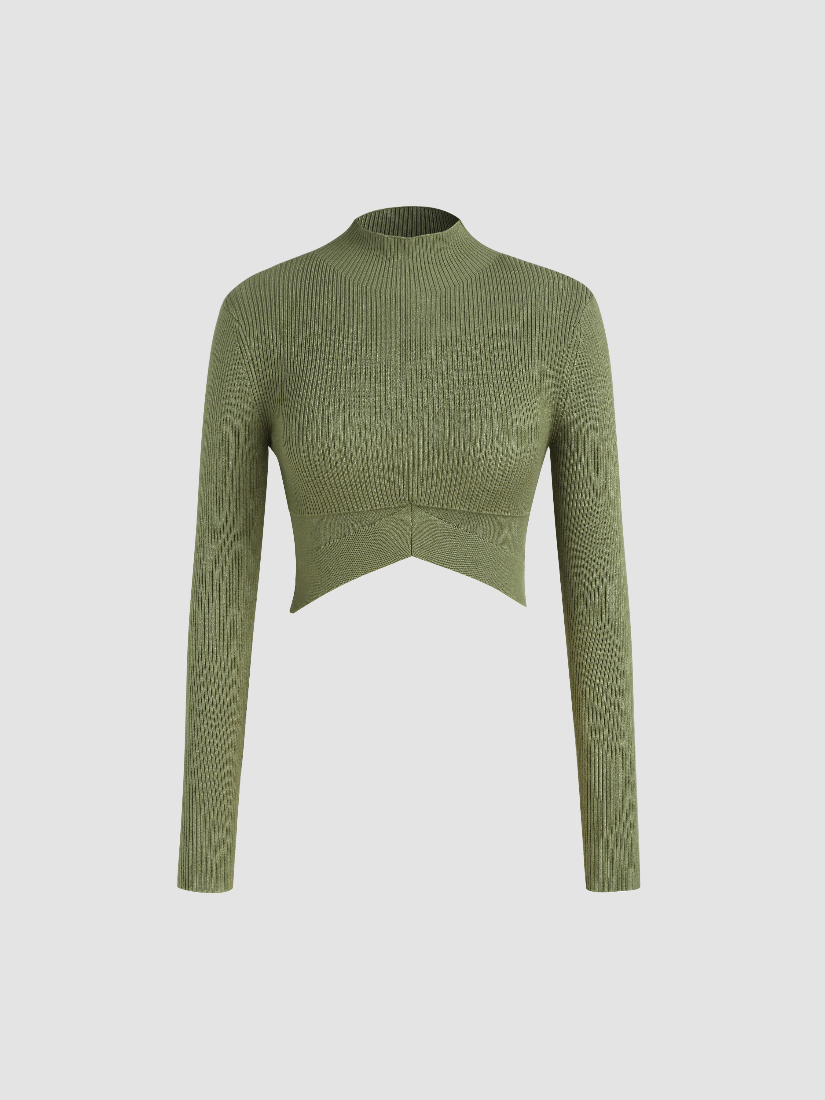 Solid High Neck Long Sleeve Crop Sweater - Cider