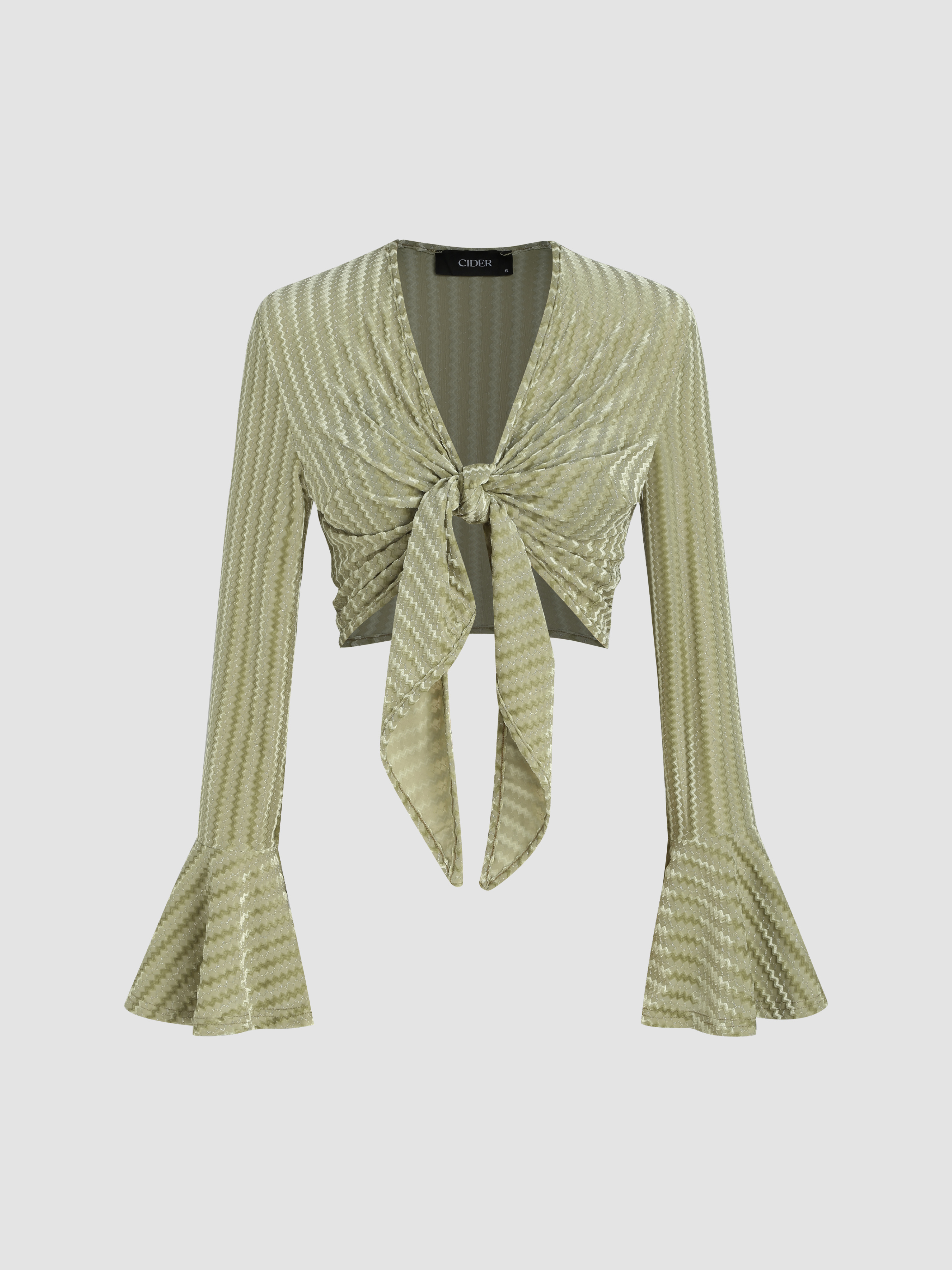Jacquard Jacquard Bell Sleeve Knotted Crop Top For Date