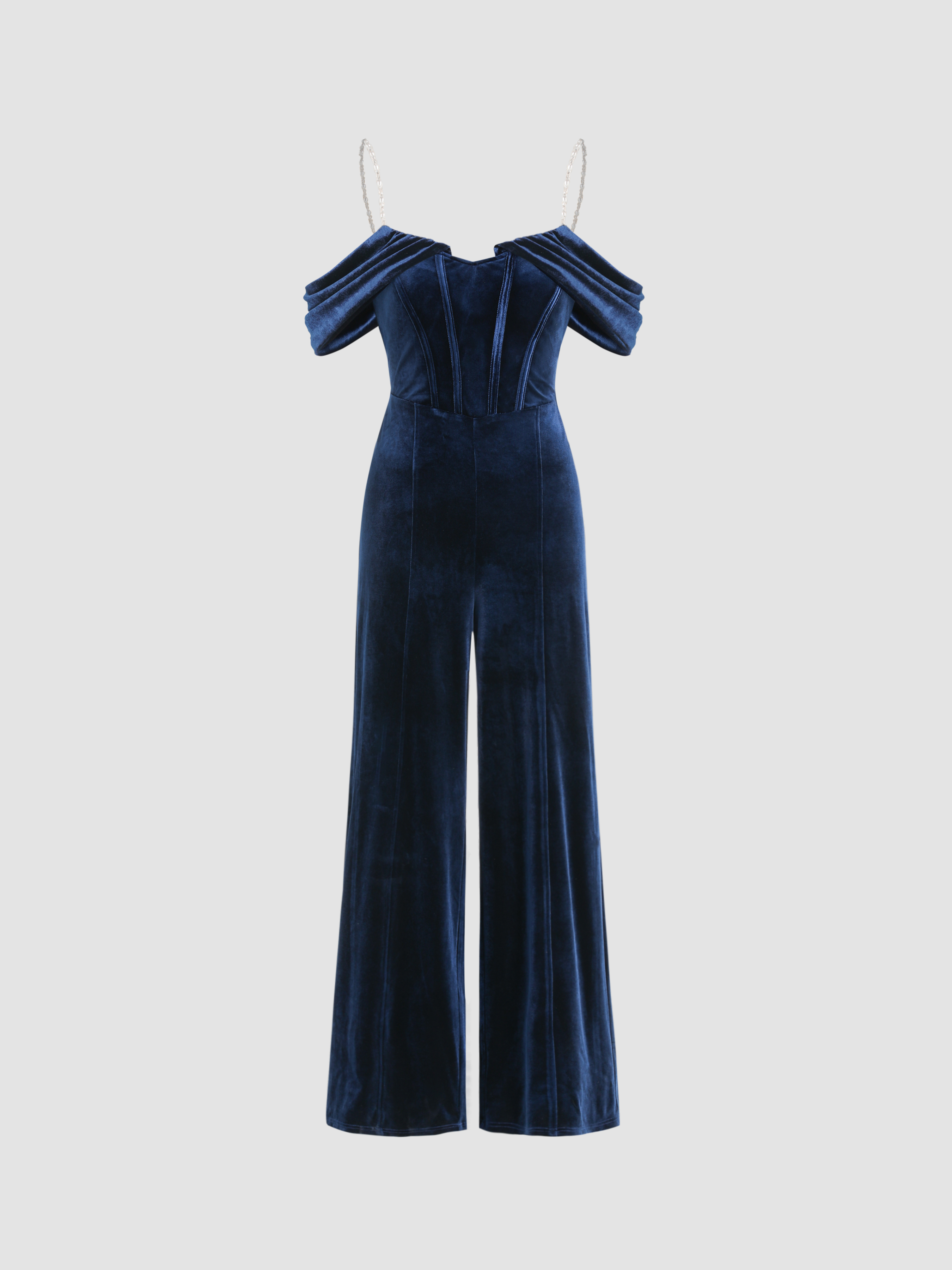 Velvet Off-shoulder Wide Leg Jumpsuit - Cider