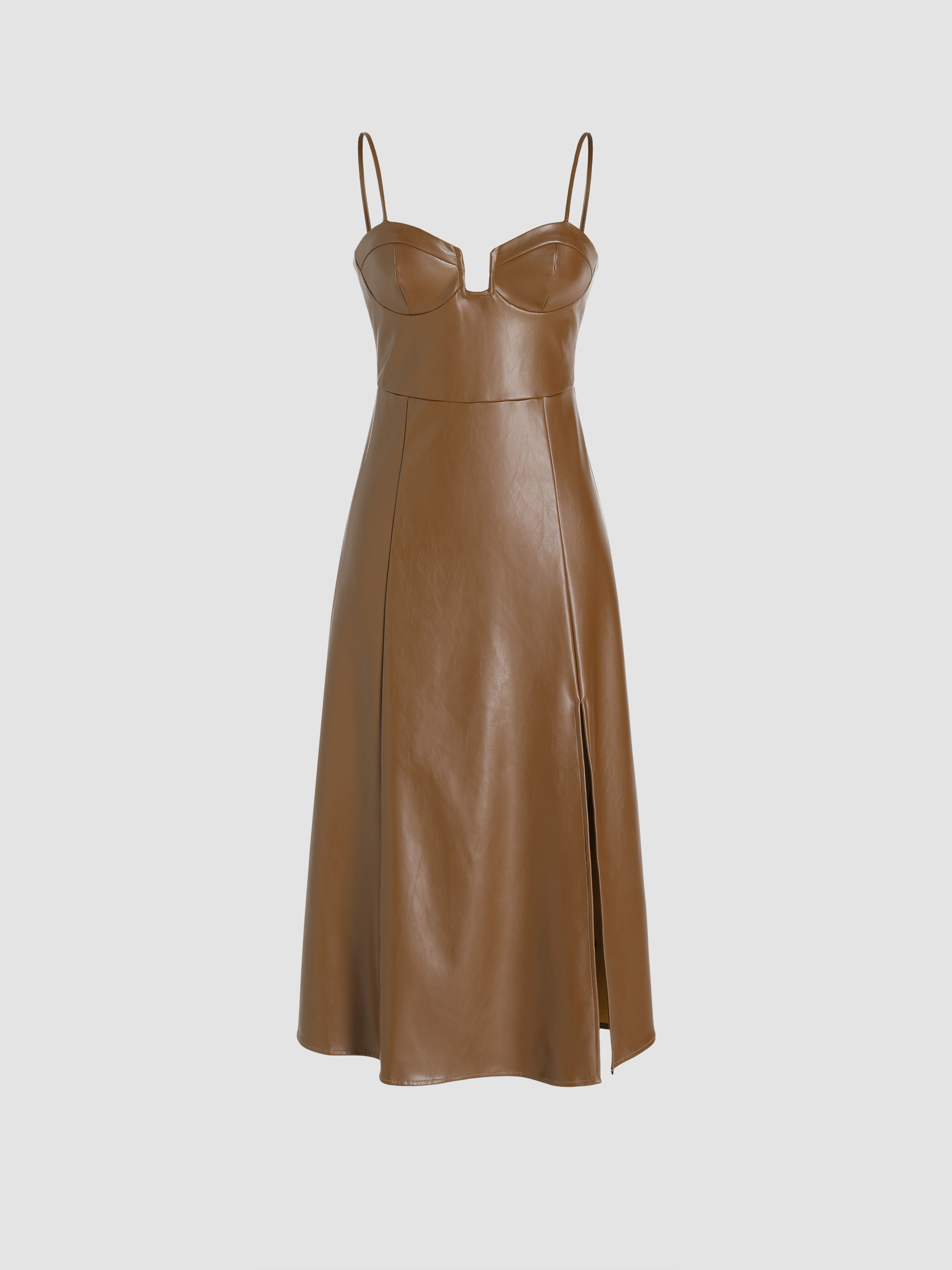 Faux Leather Faux Leather Solid Cami Midi Pleated Split Dress For Date ...
