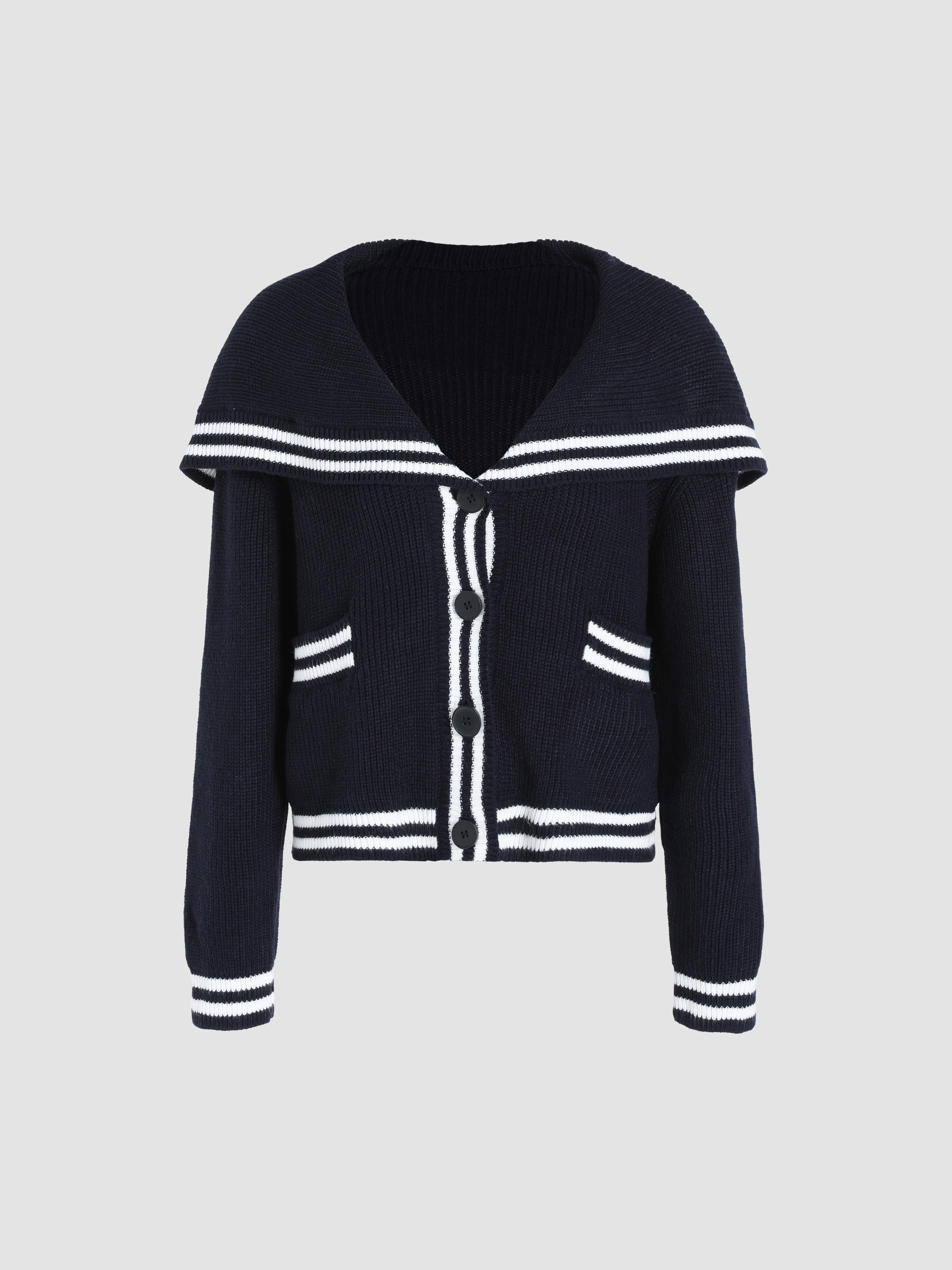 Knit Fabric Contrasting Navy Collar Button Cardigan For School Daily Casual