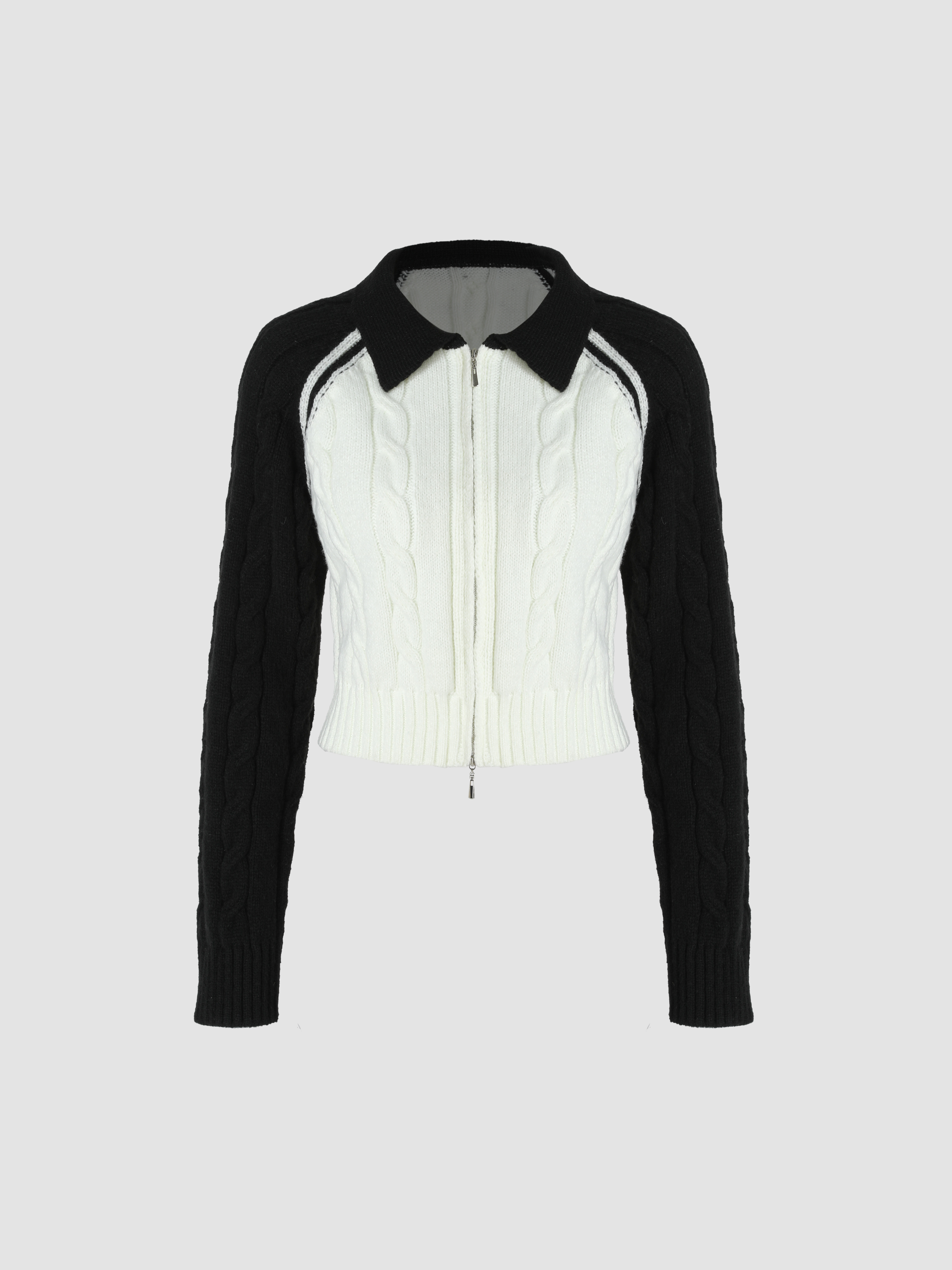 Collar Cable Knit Contrasting Trim Zipper Cardigan For