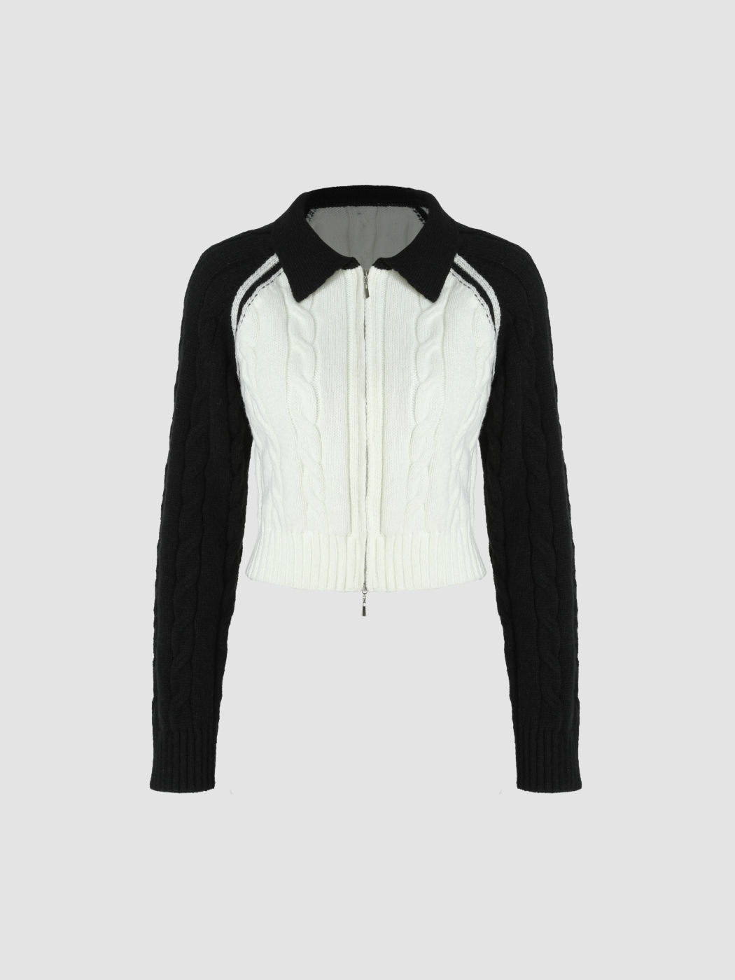 Collar Cable Knit Contrasting Trim Zipper Cardigan 