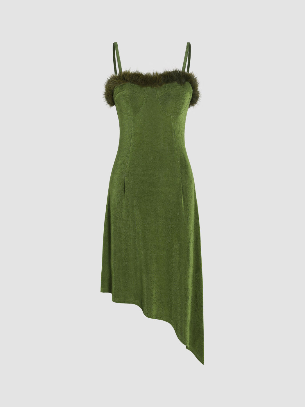 Solids Cami-Midikleid mit Kunstpelzbesatz