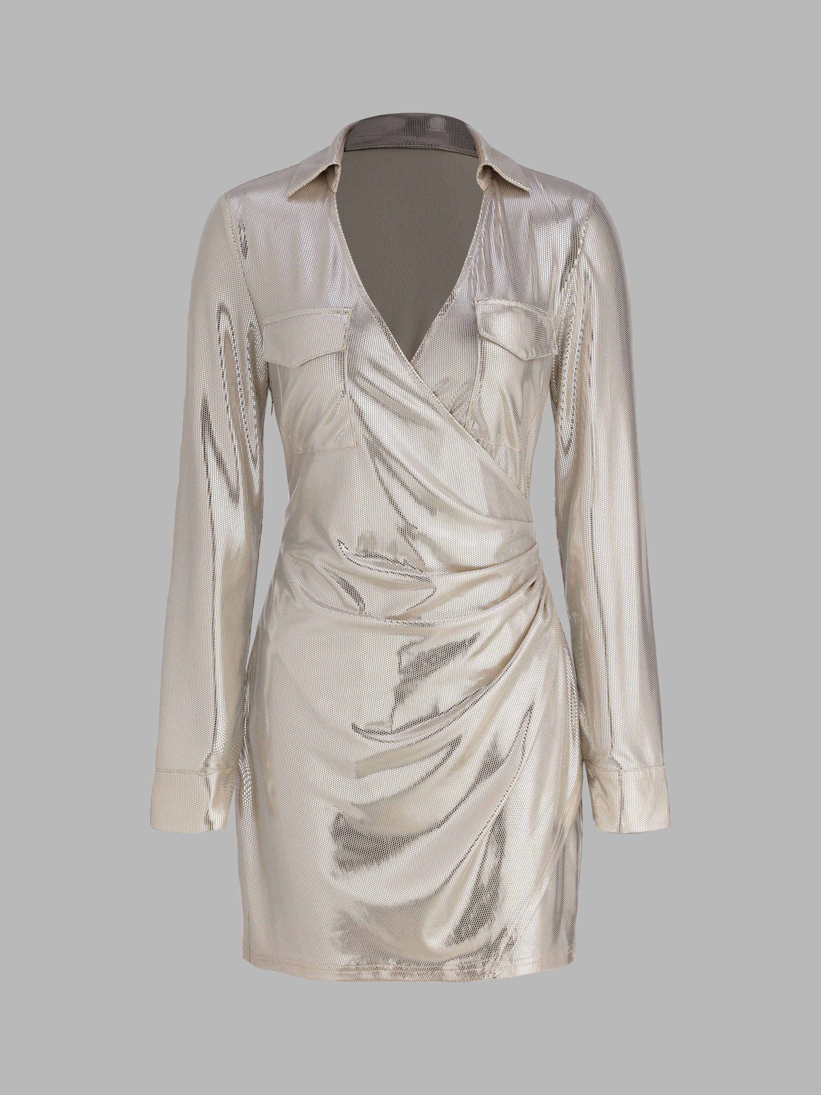 Metallic Ruched Long Sleeve Short Dress Cider