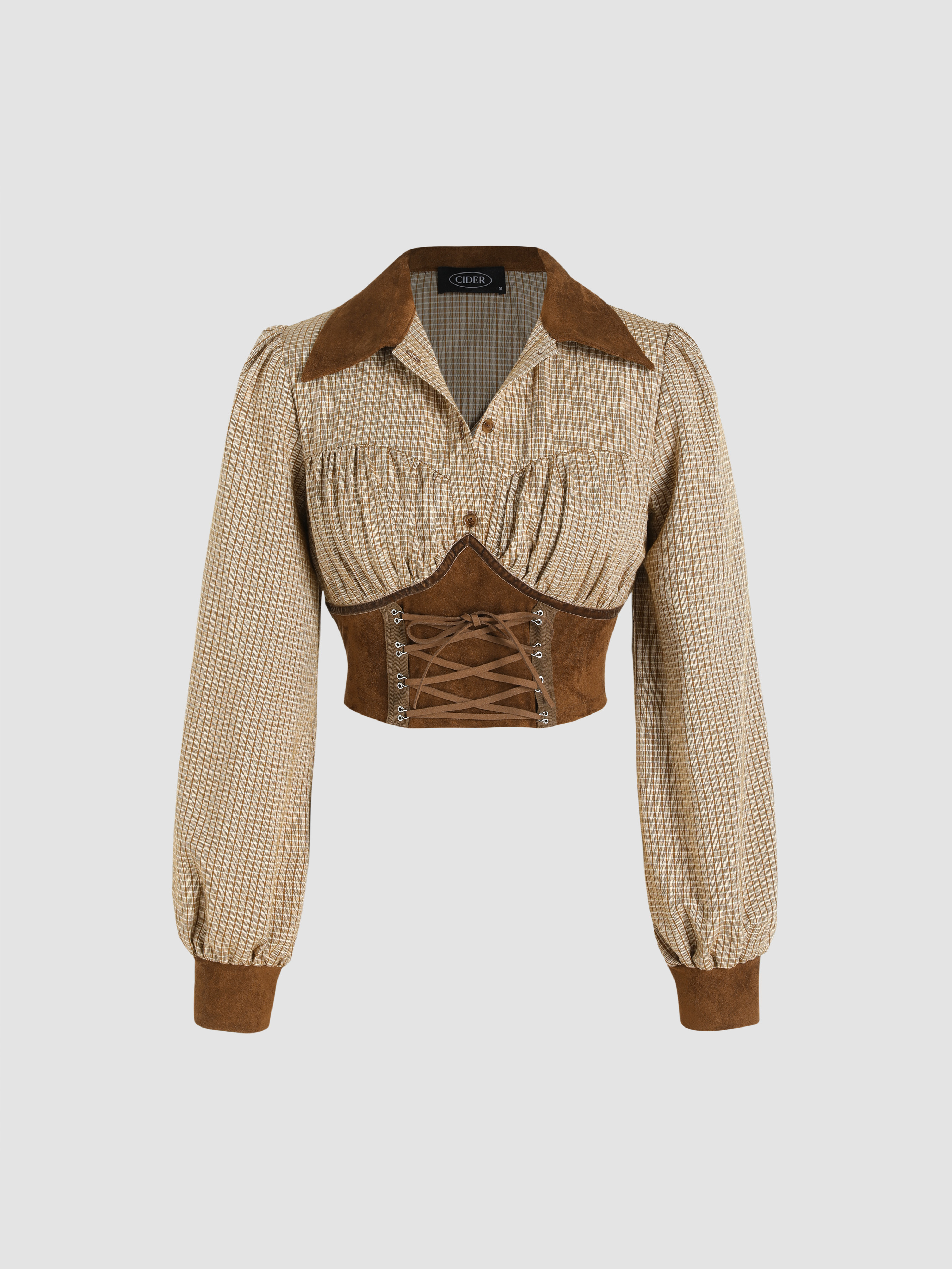 Suede Gingham Lace Up Long Sleeve Crop Blouse Cider