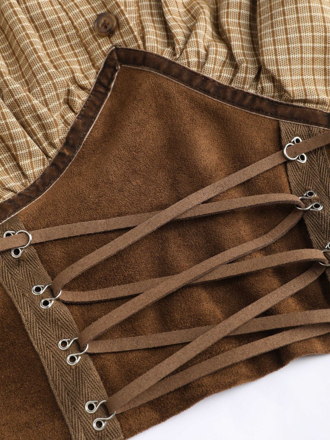 Suede Gingham Lace Up Long Sleeve Crop Blouse