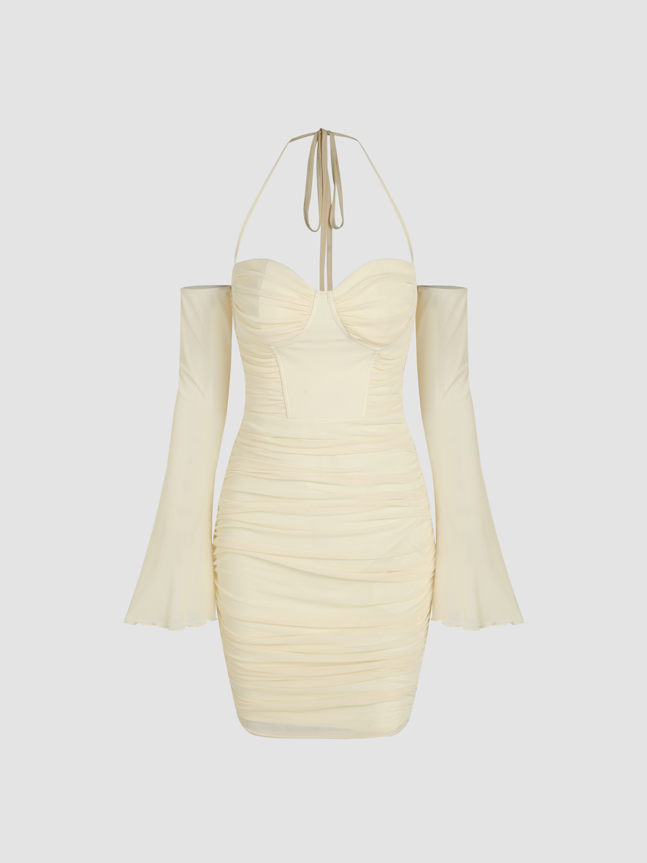 Mesh Halter Ruched Short Dress Cider