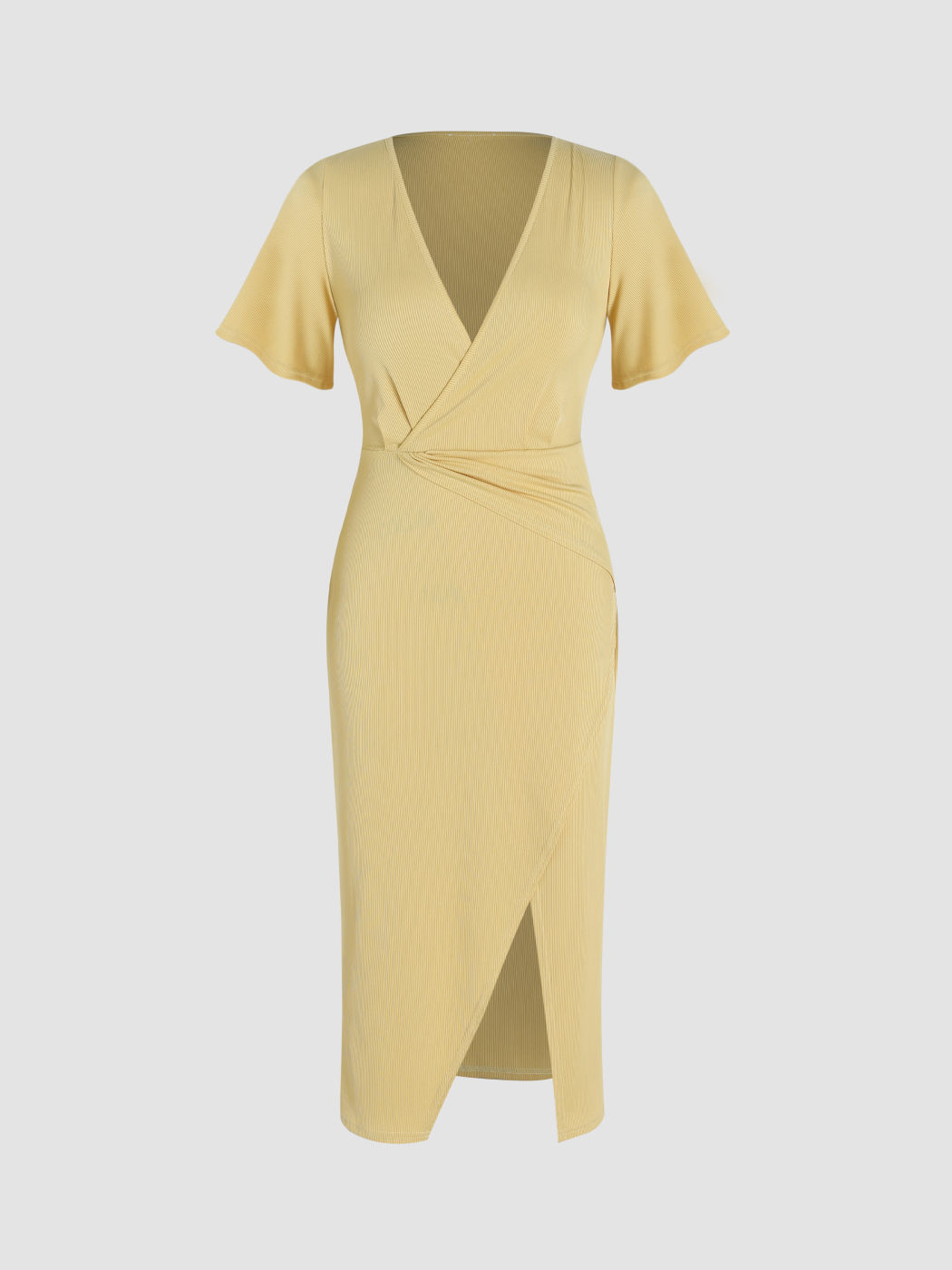  Rippenfester V-Ausschnitt Split Midikleid