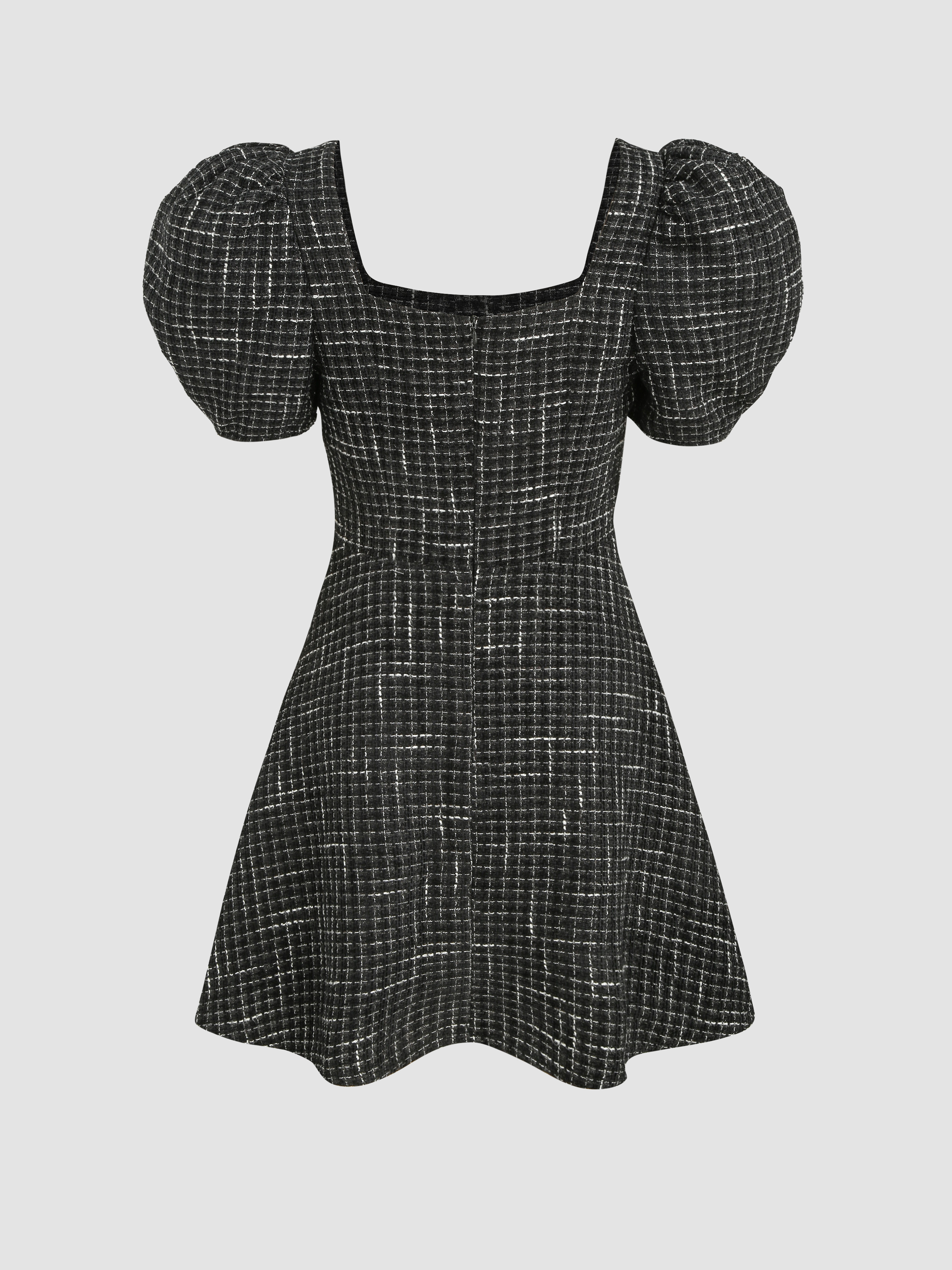 Tweed Puff Sleeve Mini Dress - Cider