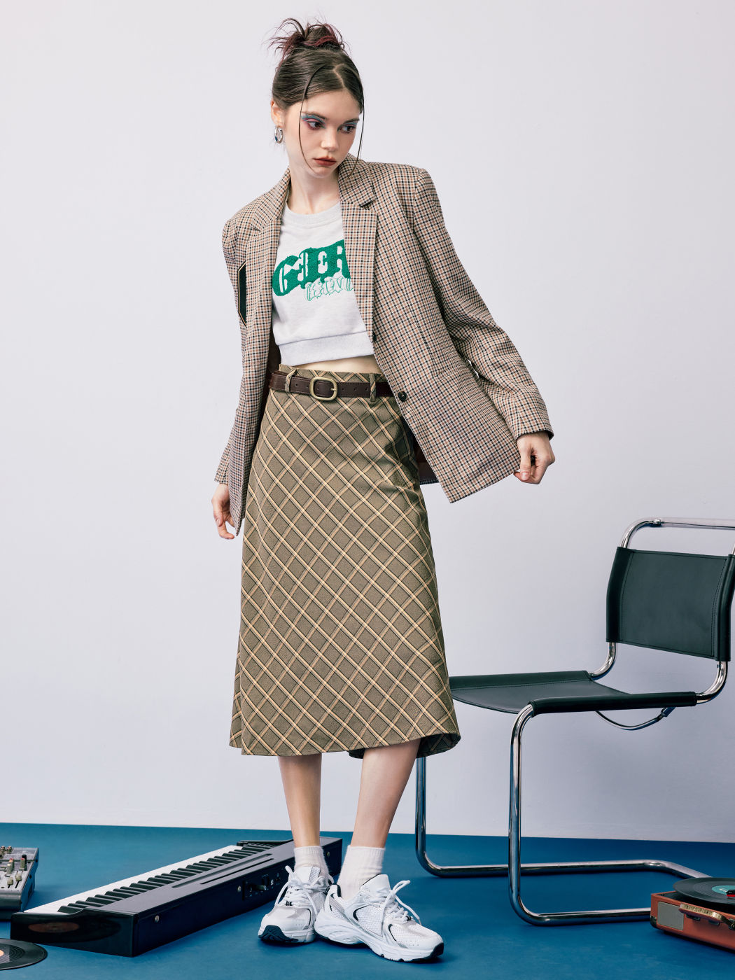 Gingham Long Skirt With Belt