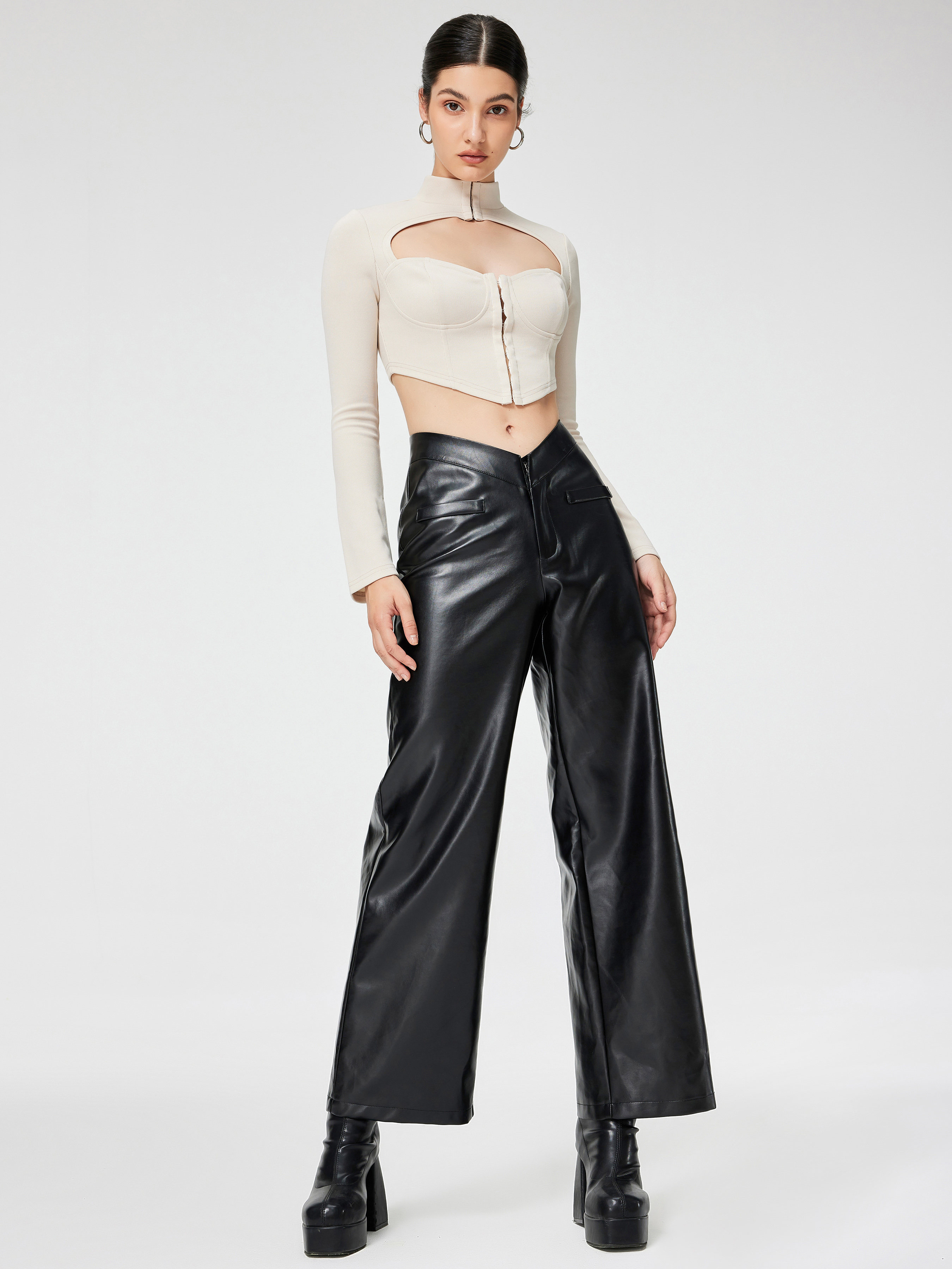 Solid Faux Leather V Waist Straight Leg Pants