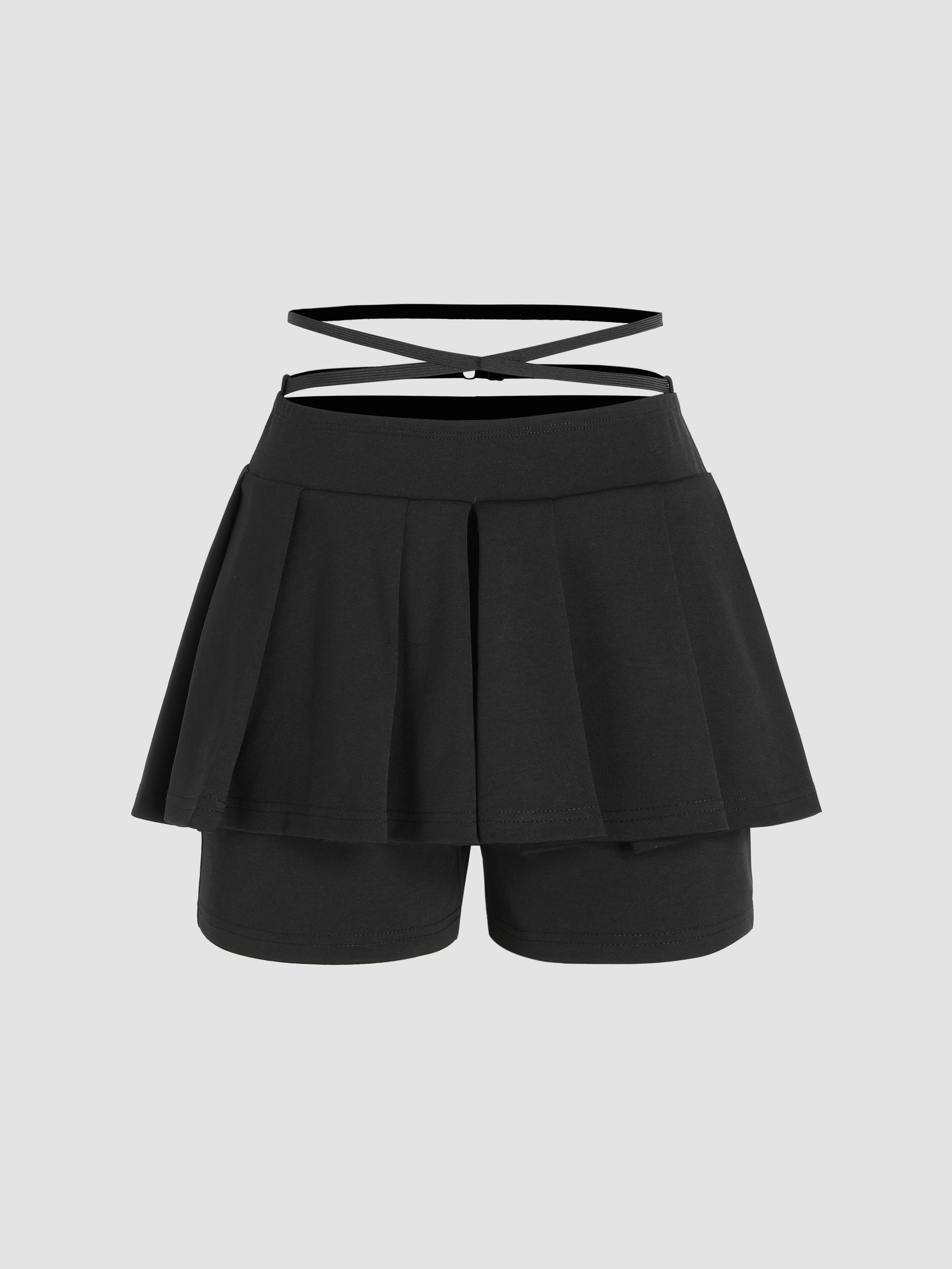 Solid Criss Cross Pleated Shorts - Cider