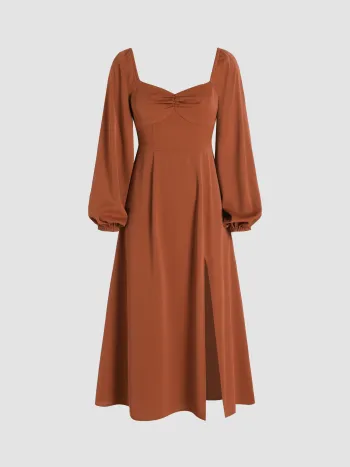 Solid Ruched Long Sleeve Split Midi Dress