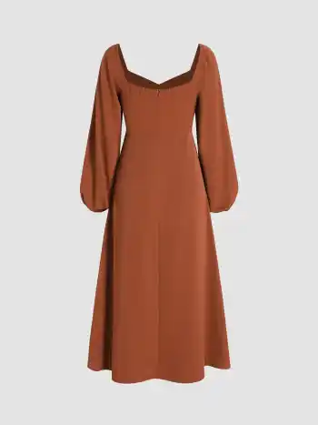 Solid Ruched Long Sleeve Split Midi Dress
