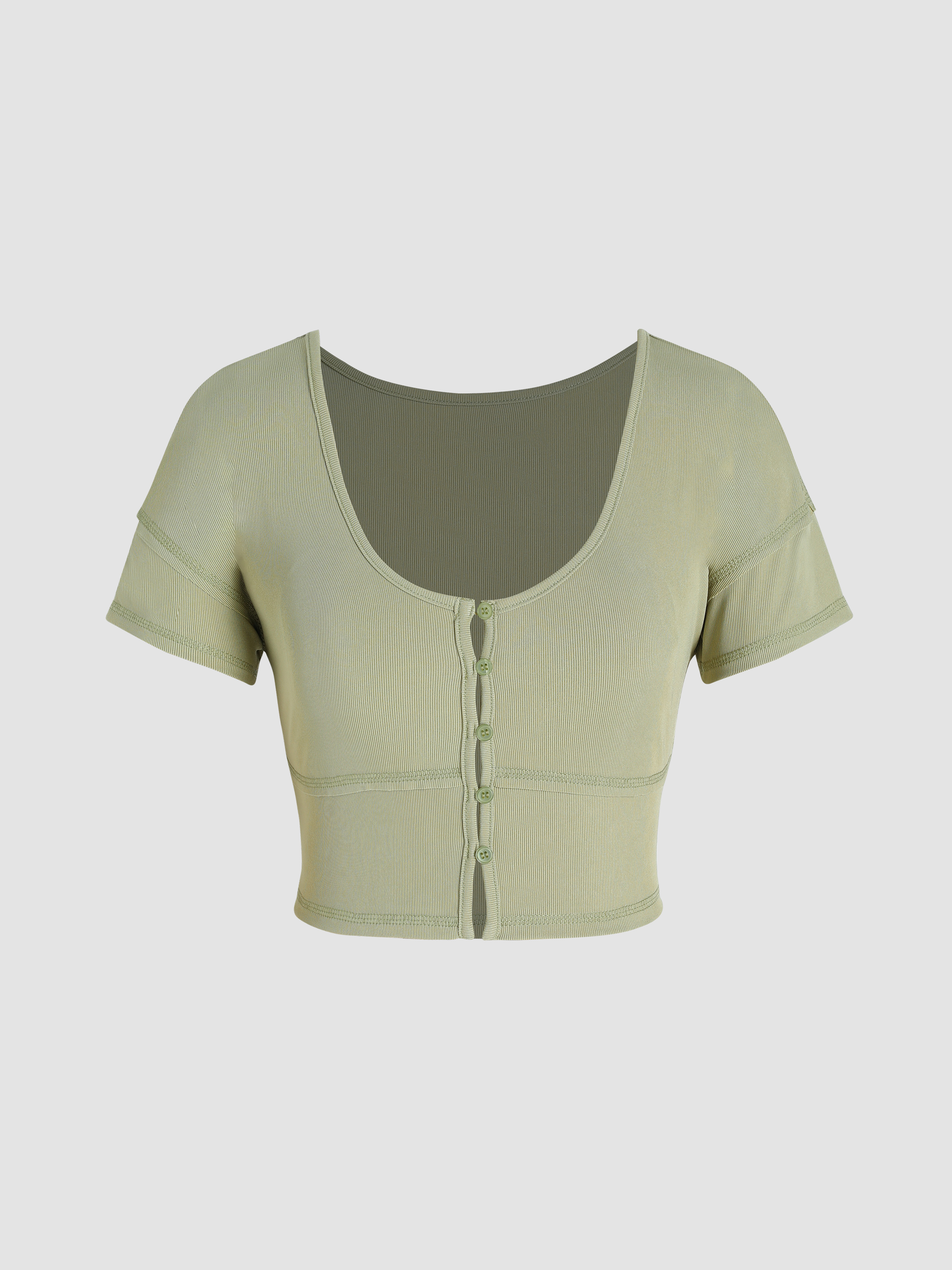 Rib Solid Uneckline Button Up Top Cider