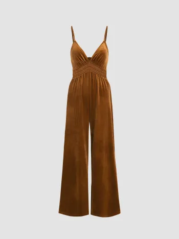 Samt V-Ausschnitt Weite Bein Overalls