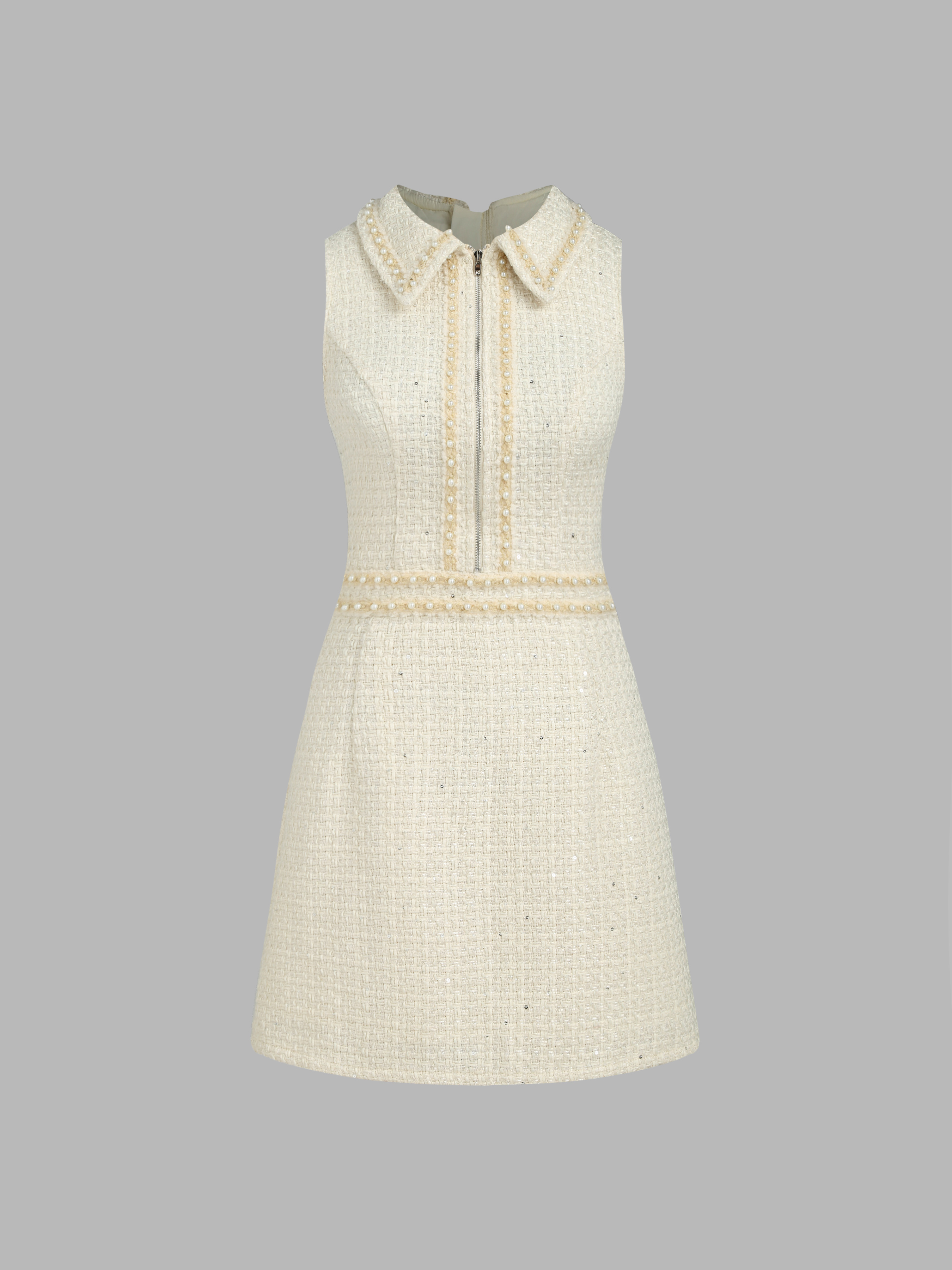 Tweed Zip Up Pearl Tweed Mini Dress For Coffee Shop Party/Clubbing Vacation