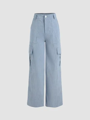 Solid Corduroy Cargo Straight Leg Pants