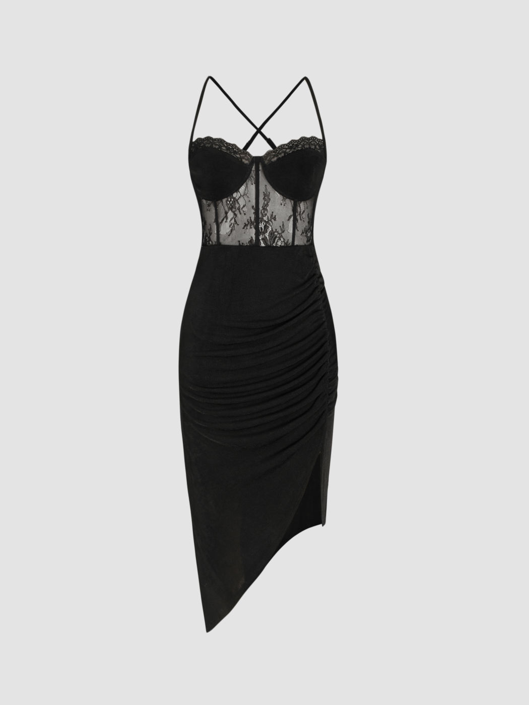 Lace Ruched Split Cami Midi Dress