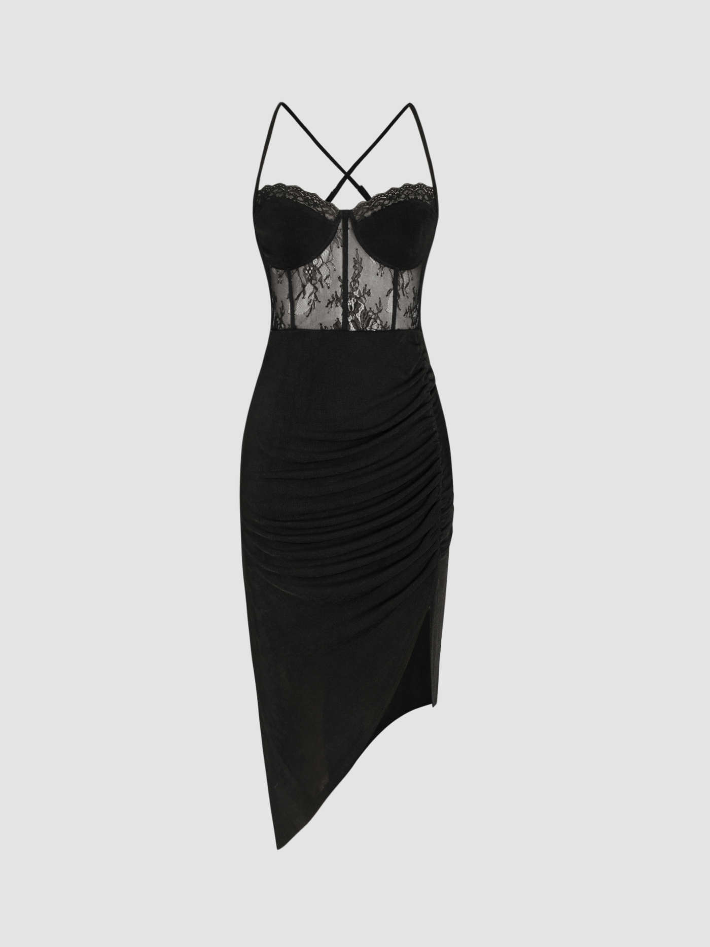 Lace Ruched Split Cami Midi Dress