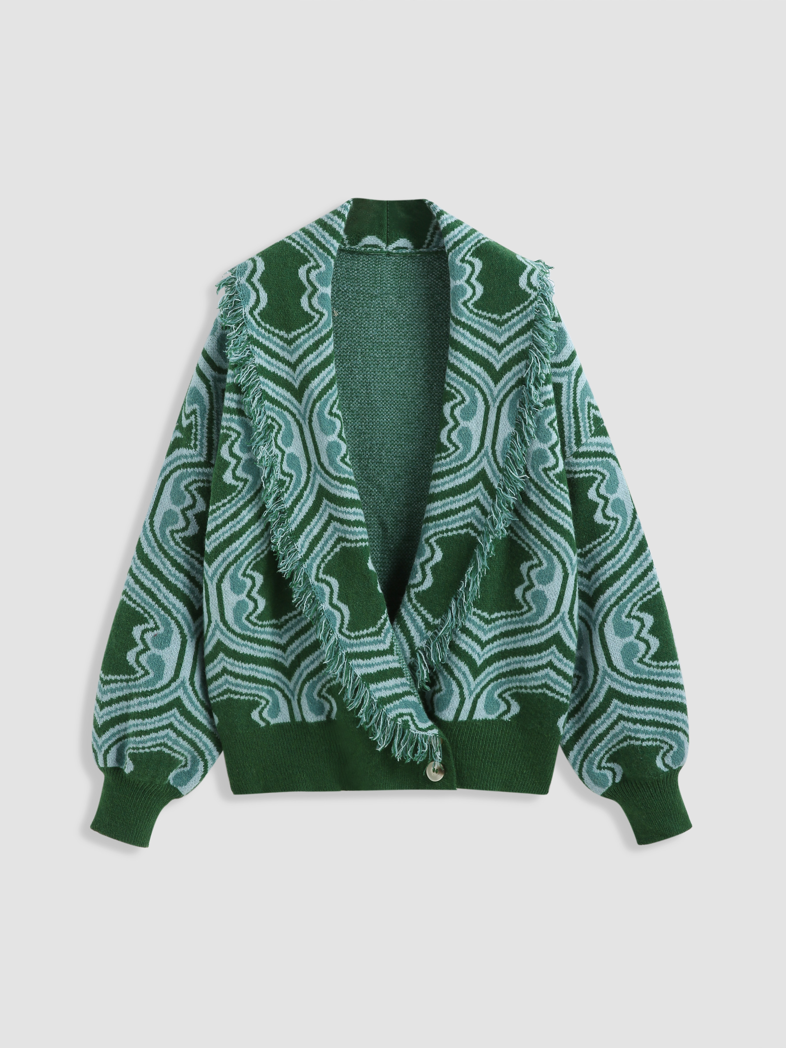 V neck All Over Print Fringe Cardigan For School Vacation Work Holiday