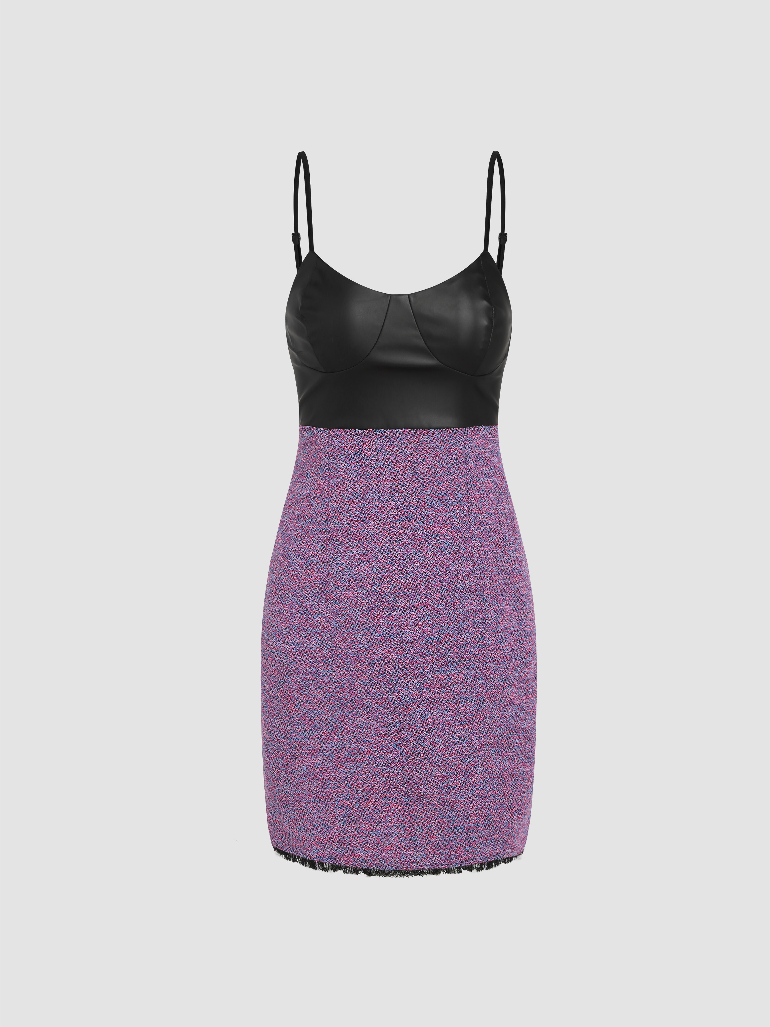 Sun Dresses Tweed Contrasting Raw Hem Mini Dress For Holiday Vacation
