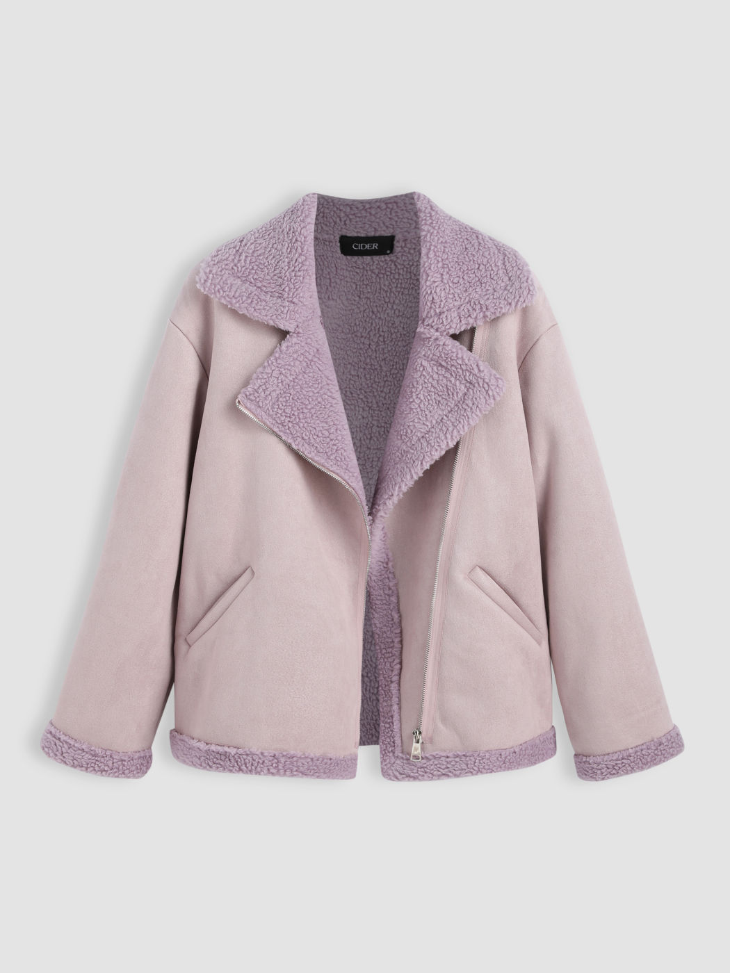Faux Shearling Notched Collar Oversized Jacket For School Vacation Work