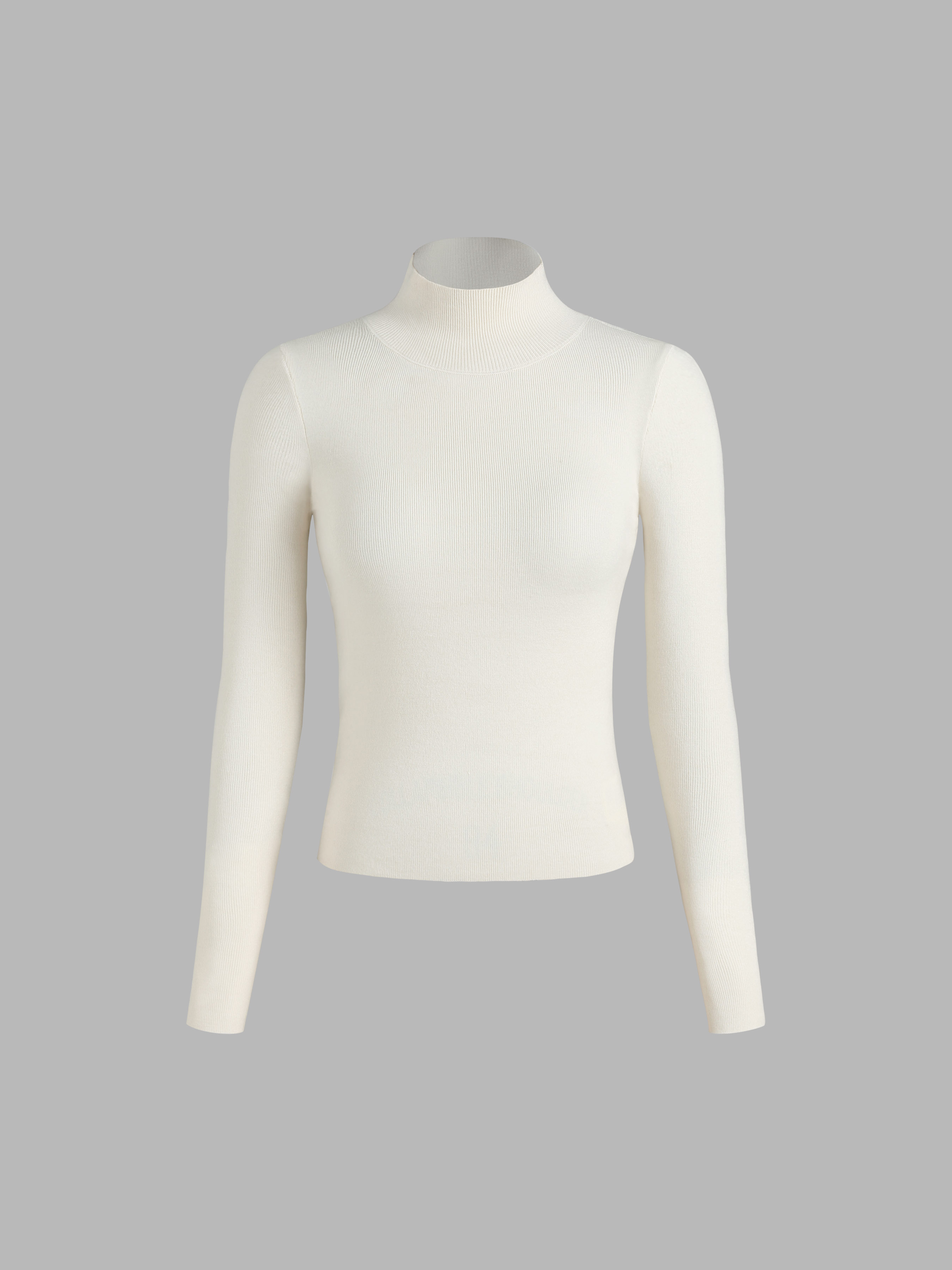 Solid High Neck Knitted Long Sleeve Top
