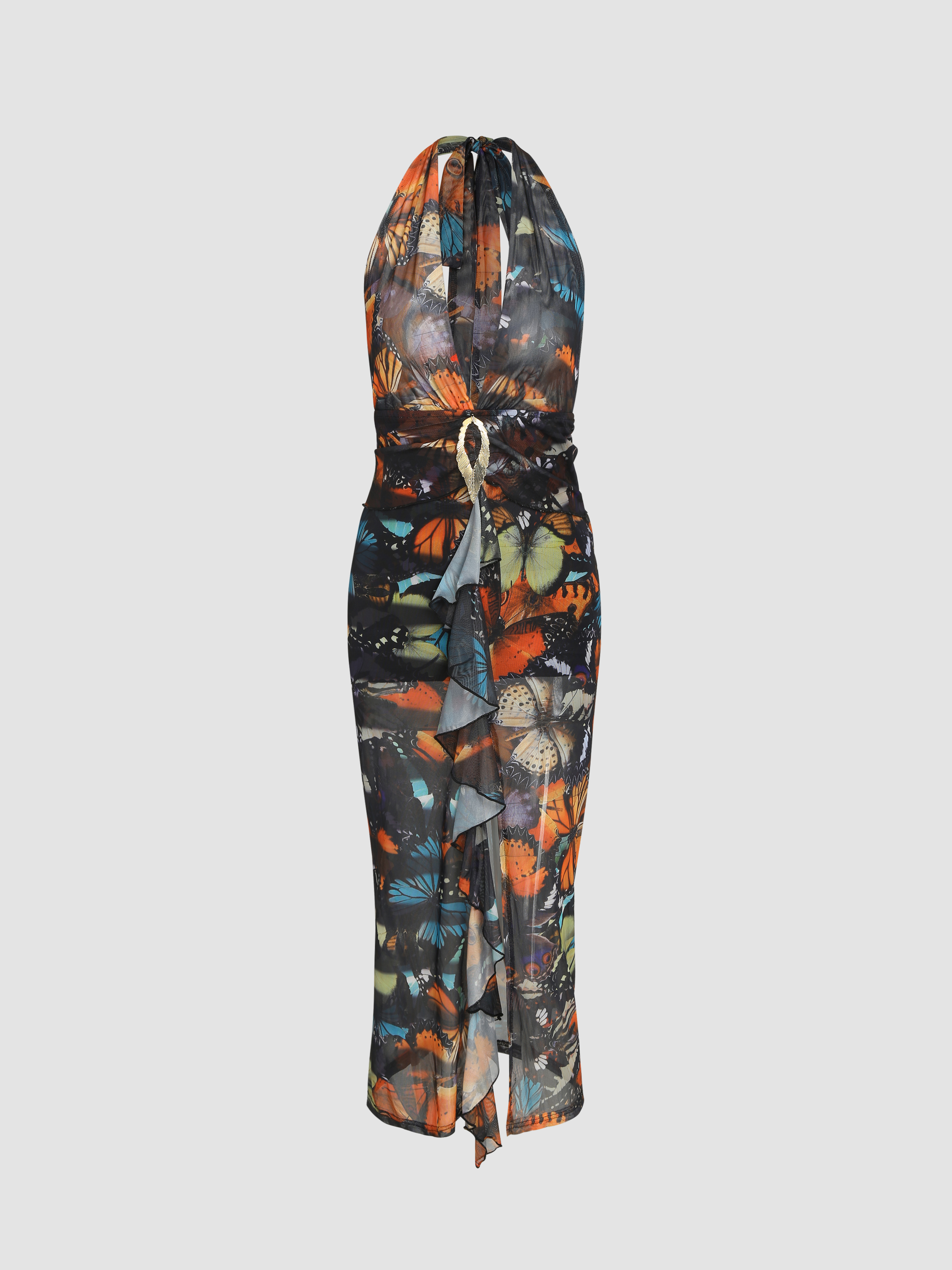 Mesh Butterfly Pattern Halter Ruffle Maxi Dress Cider