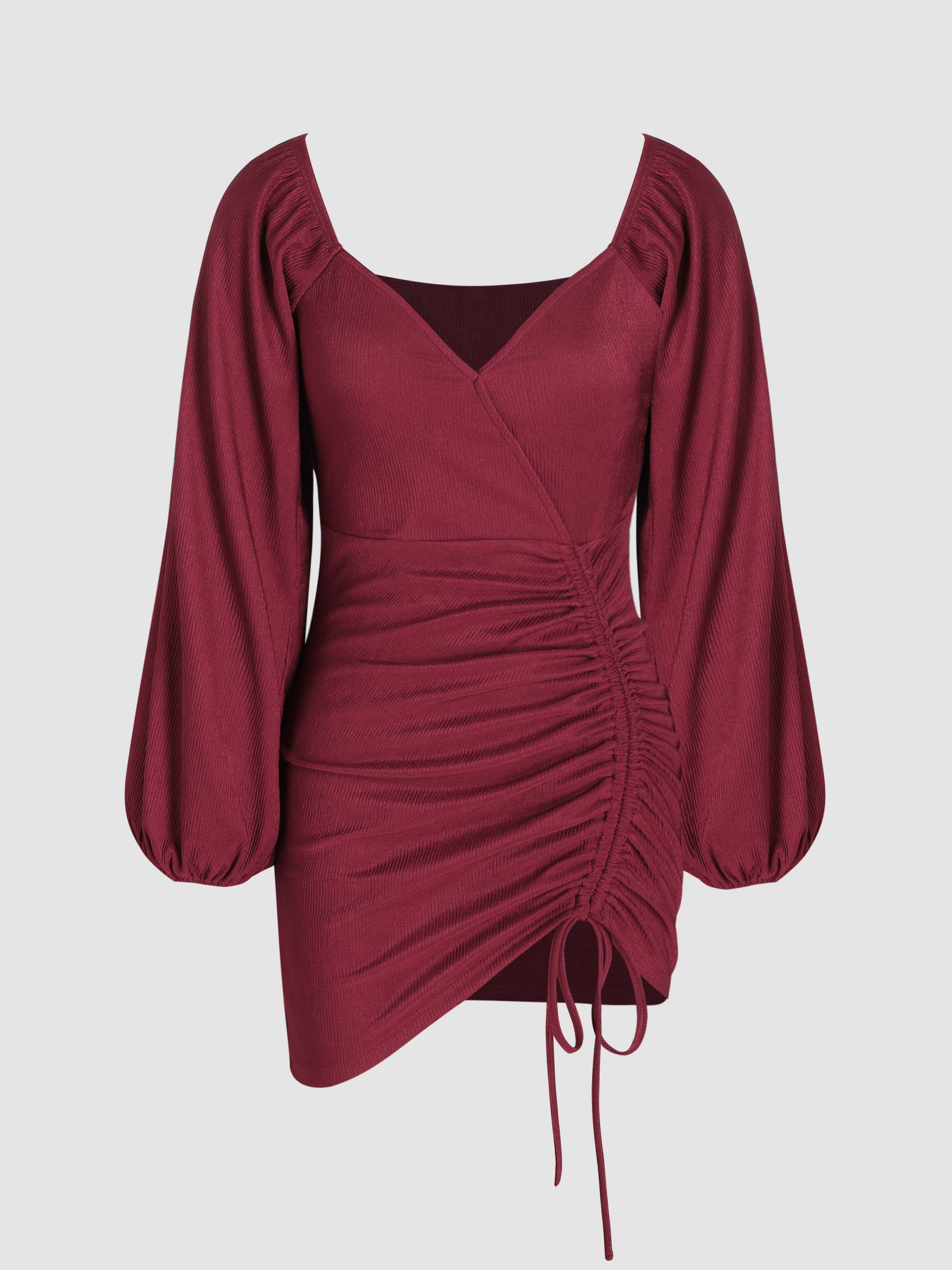 Solid V neck Ruched Mini Dress For Date Vacation Holiday