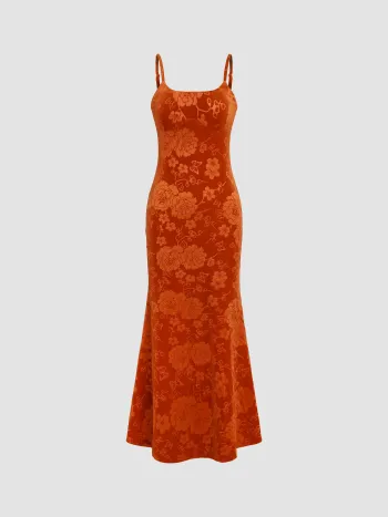 Samt-Maxikleid mit U-Ausschnitt und Blumenmuster