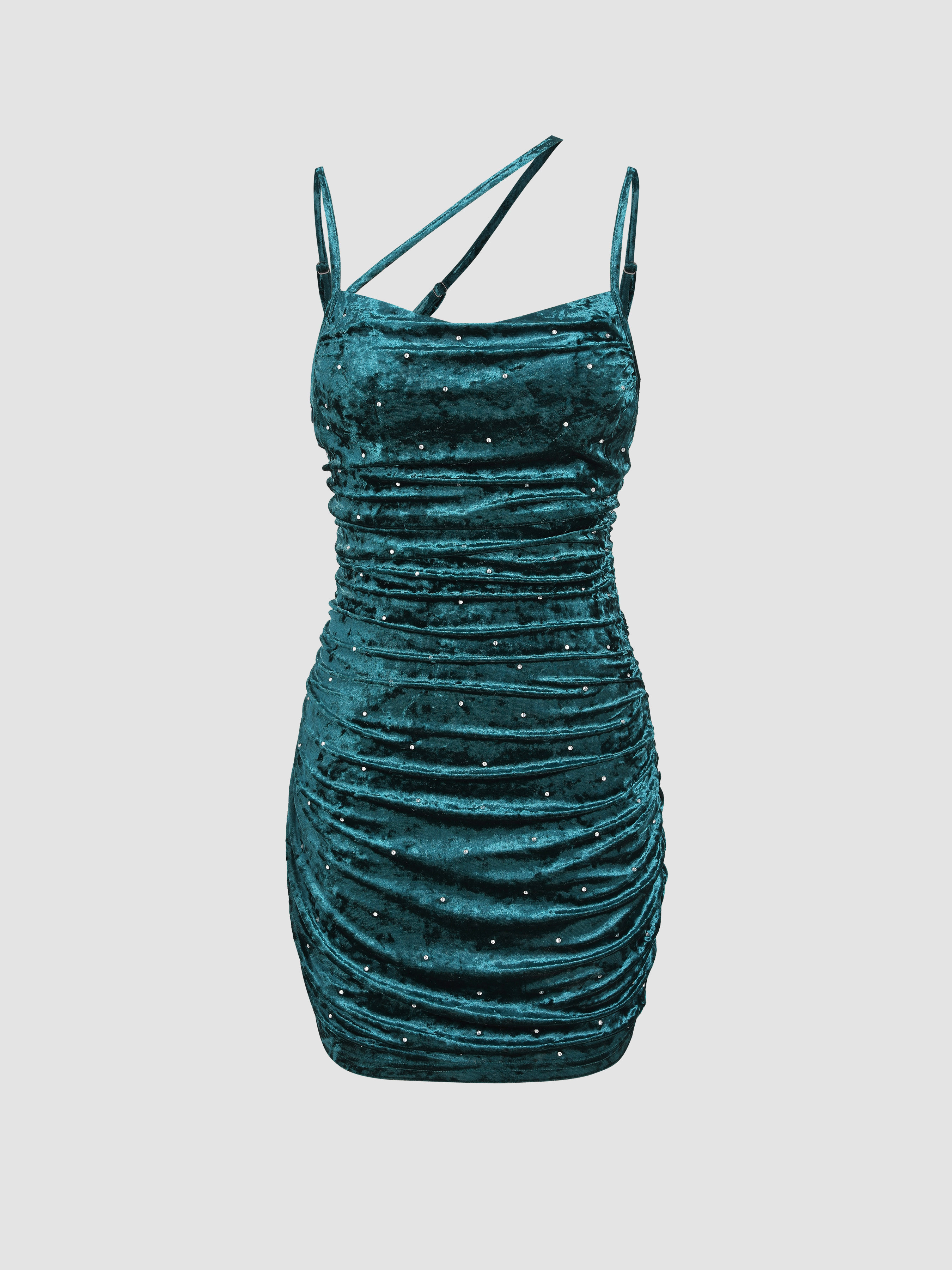 Velvet Asymmetrical Neck Rhinestone Mini Dress Cider