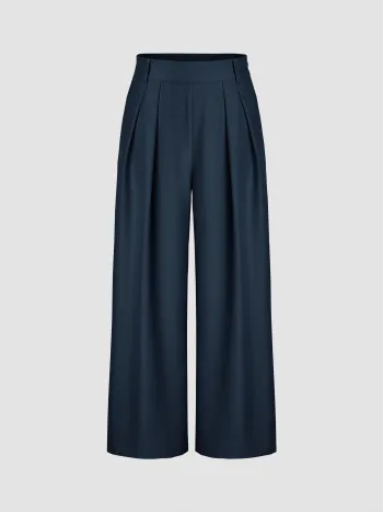 Solid Texture Pleated Wide Leg Trousers