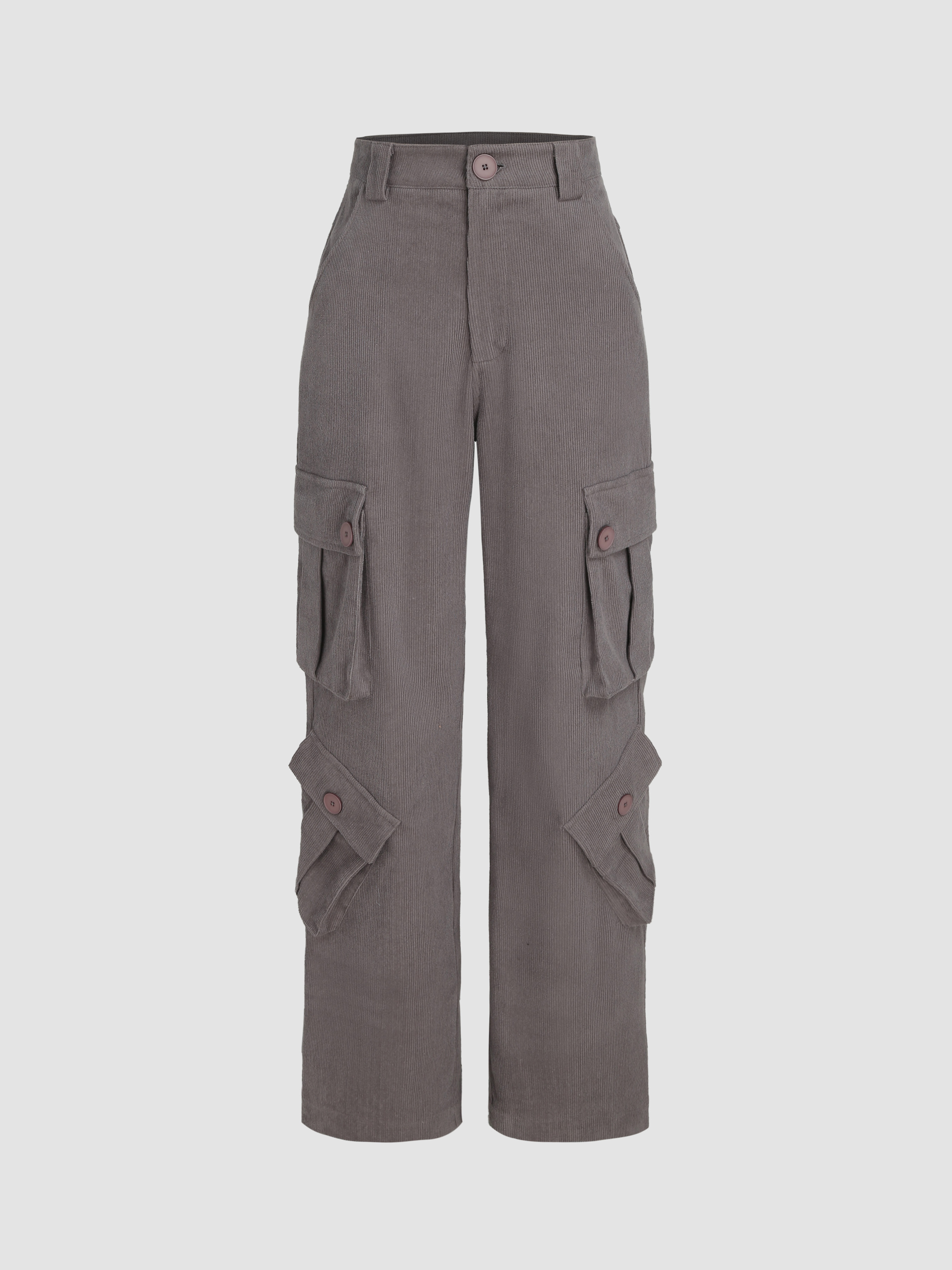 Solid Corduroy Mid Waist Cargo Straight Leg Pants Cider
