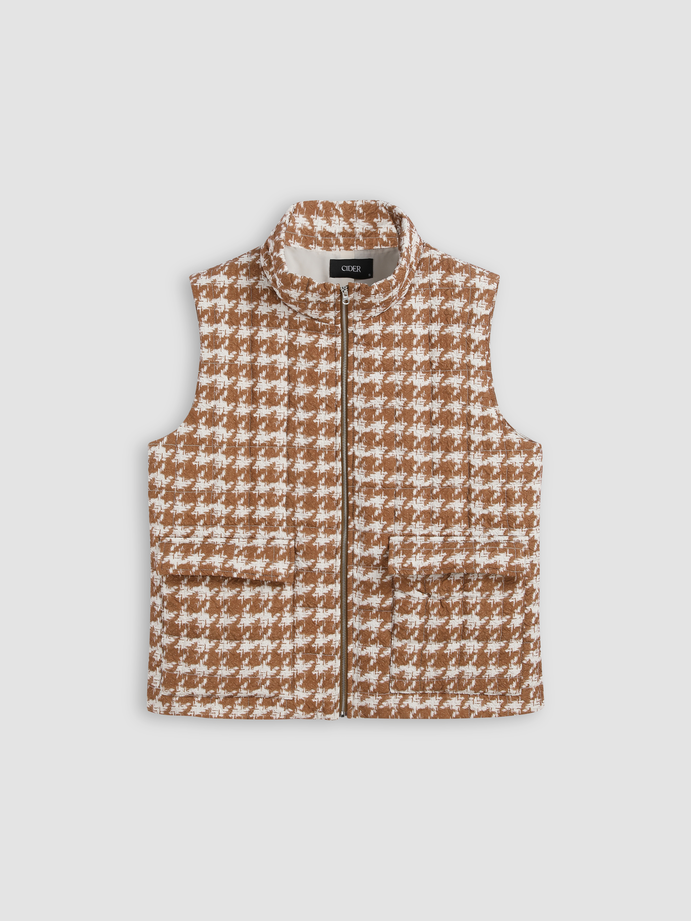 Woven High Neck Check Zip Up Oversized Vest - Cider