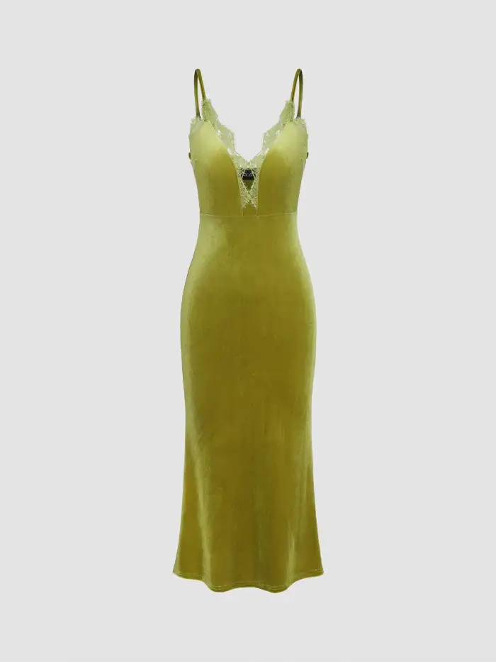 Solid Velvet Lace Trim Mermaid Midi Dress For Work Wedding Date