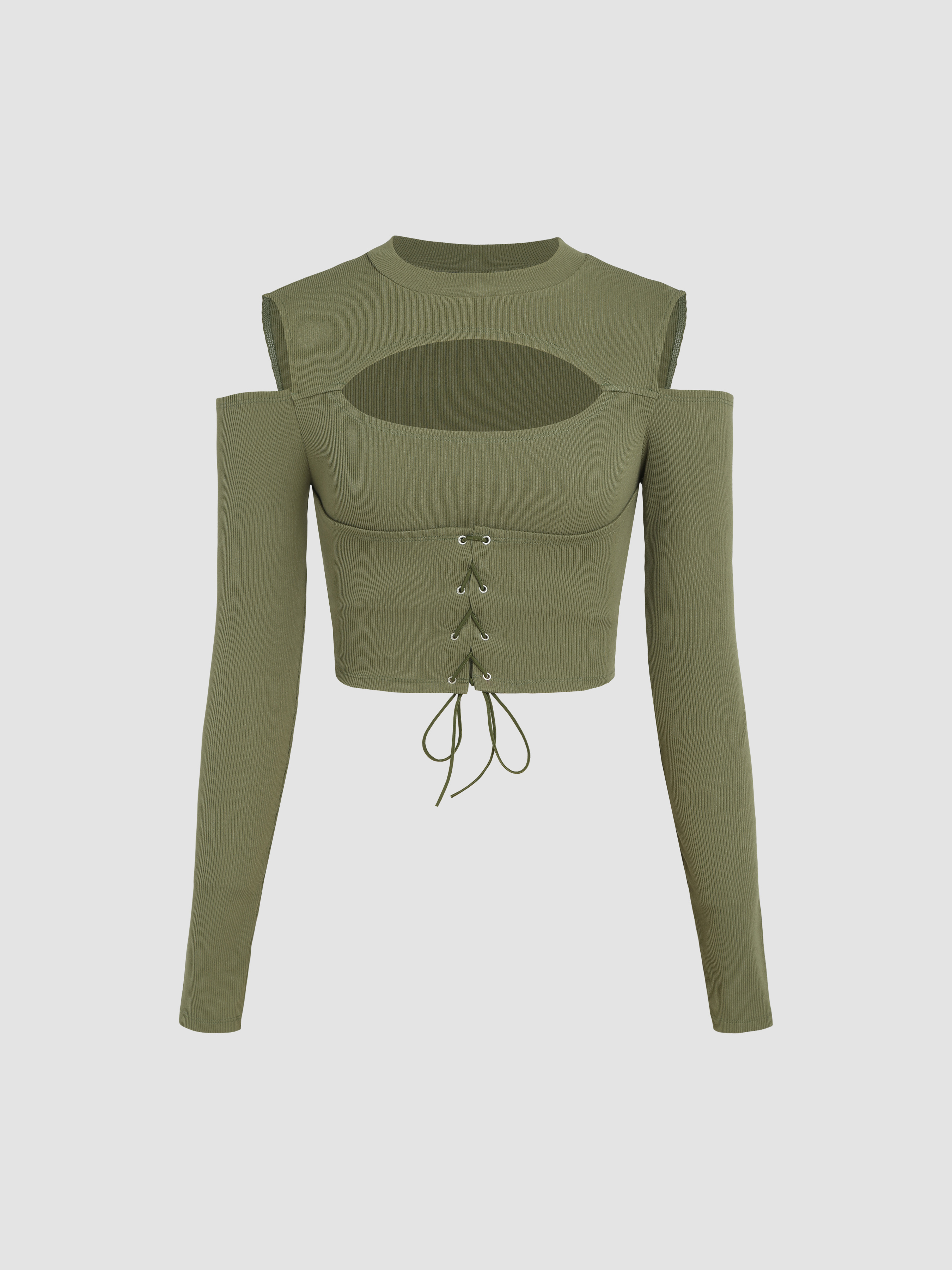 Solid Lace Up Cut Out Crop Top - Cider