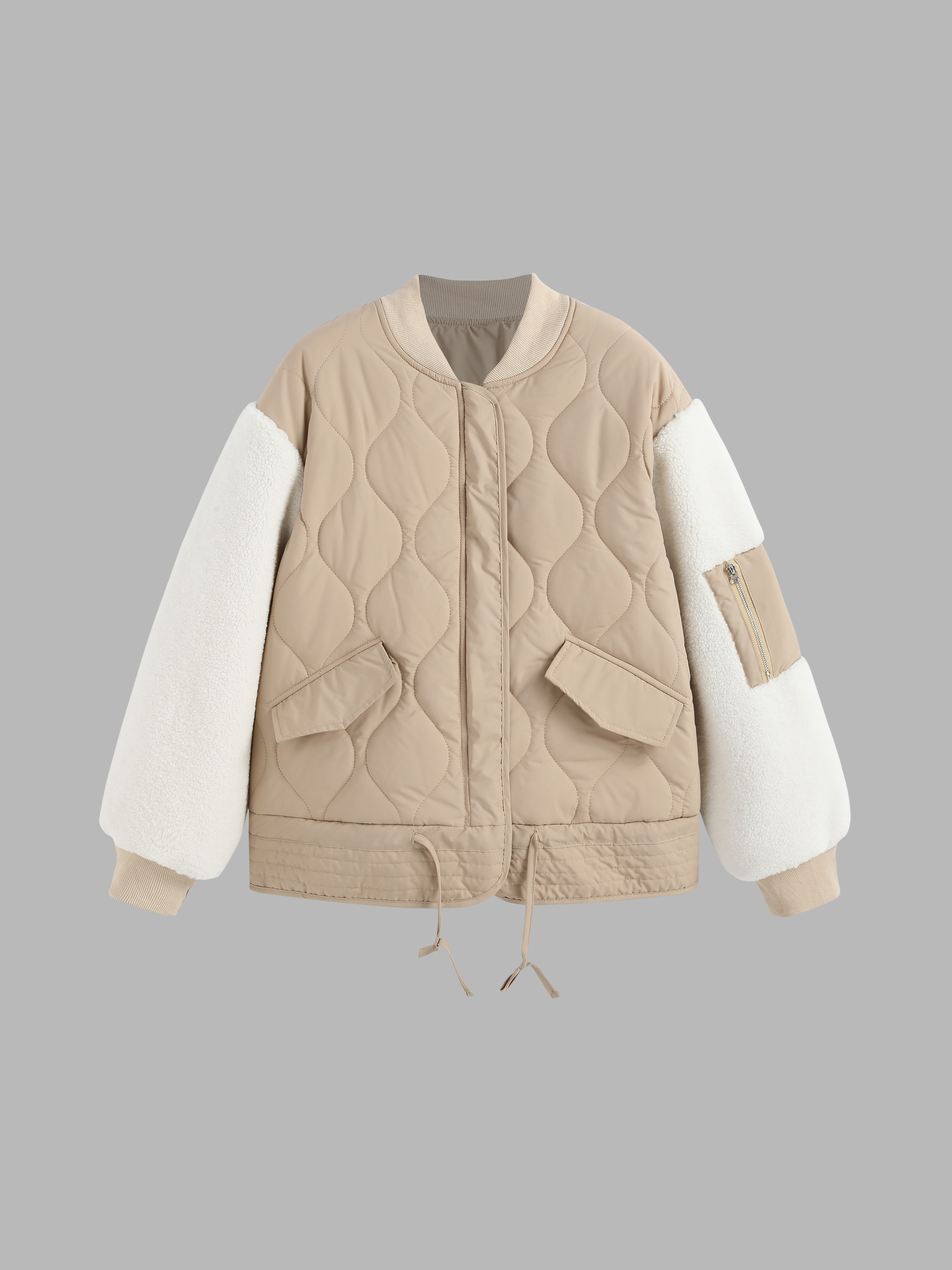 Fleece Patchy Zip Up Pocket Bomber Jacket Cider