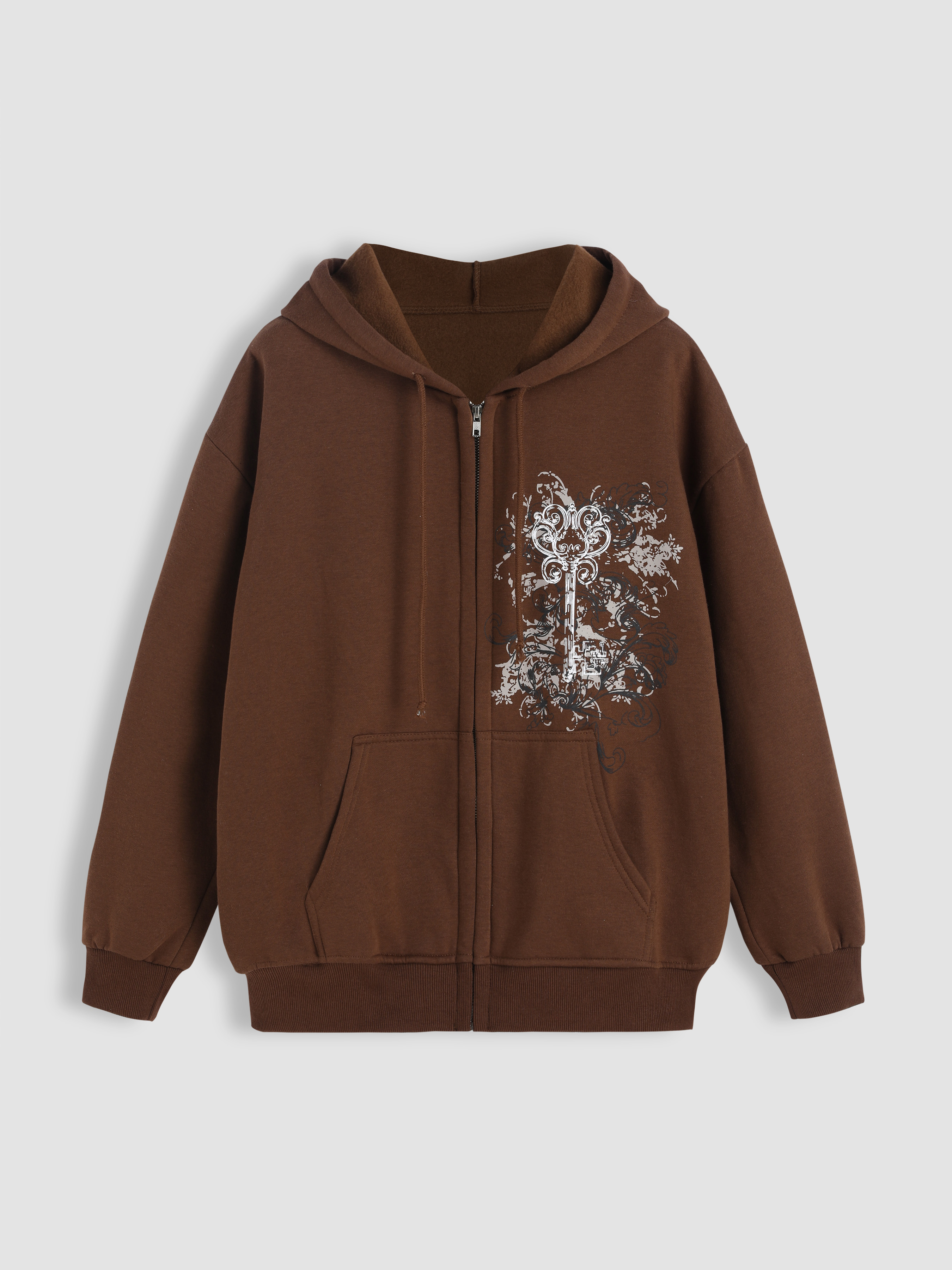 Terry Graphic Zip Up Drawstring Oversized Hoodie - Cider