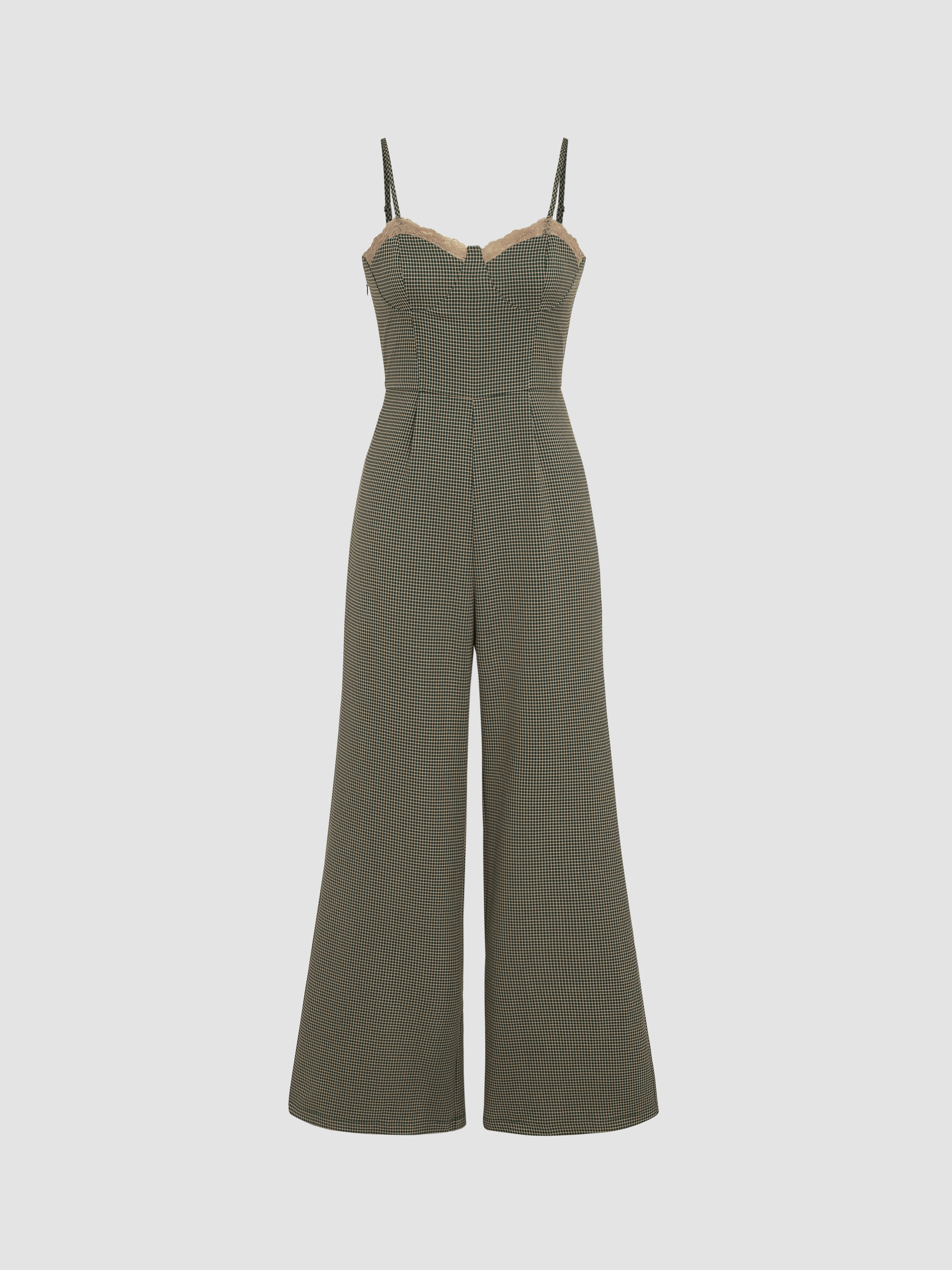 Check Lace Trim Cami Jumpsuit Cider