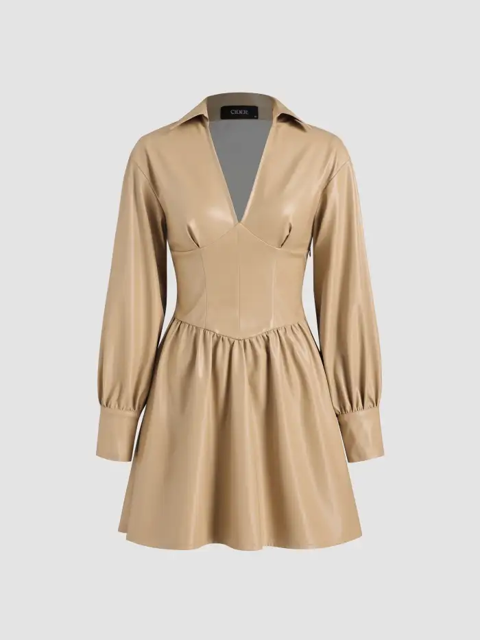 cider leather dress Faux Solid V-neck Collar Corset Ruched Mini formal ankle boots